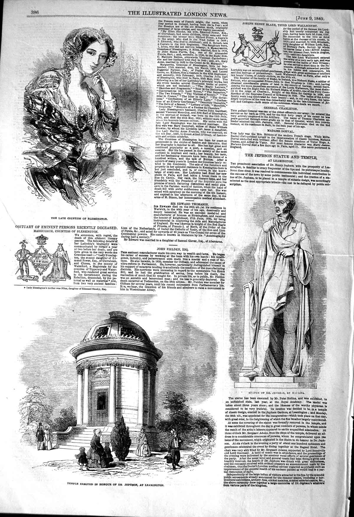 Original Old Antique Print 1849 Countess Belssington Temple Jephson Leamington