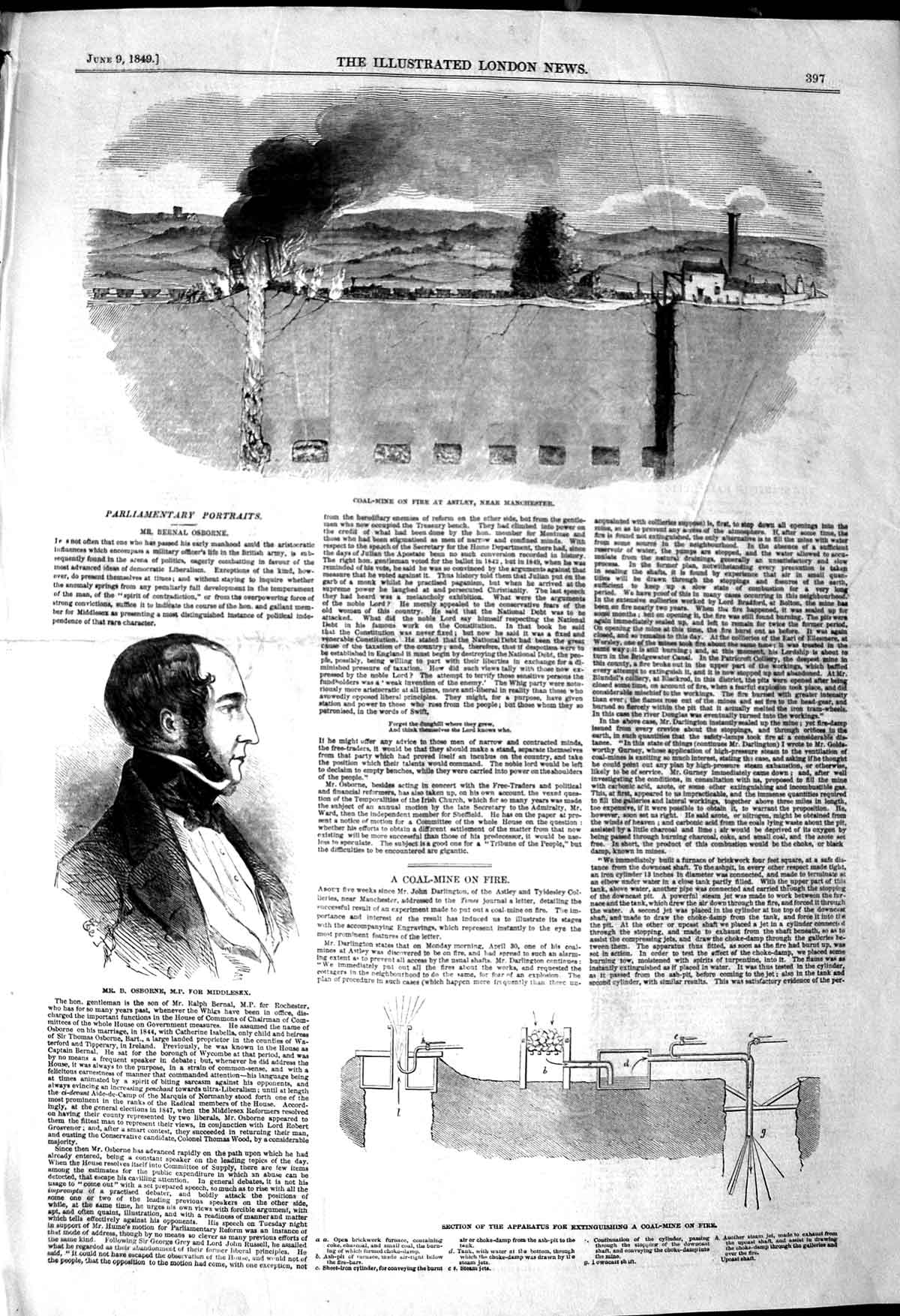 Original Old Antique Print 1849 Coal Mine Fire Astley Manchester Bernal 19th