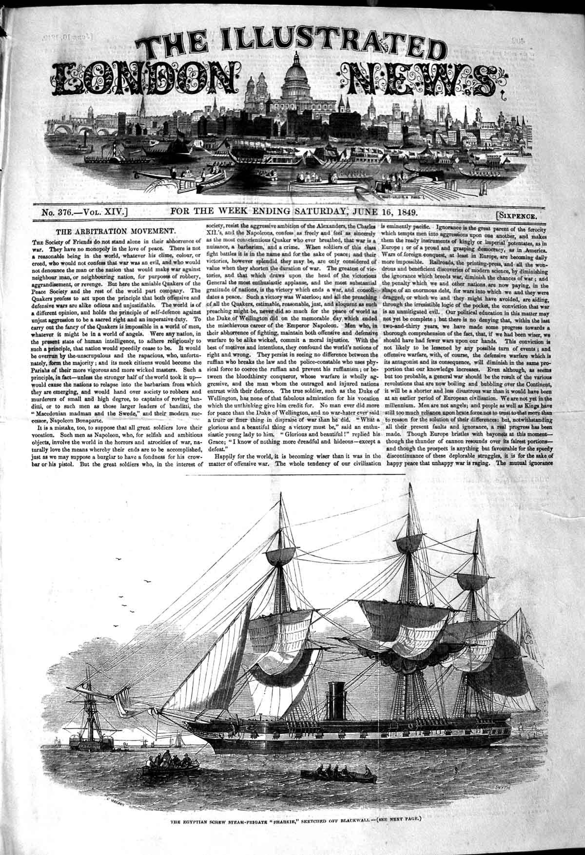 Original Old Antique Print 1849 Egyptian Steam-Frigate Sharkie Blackwall Ship