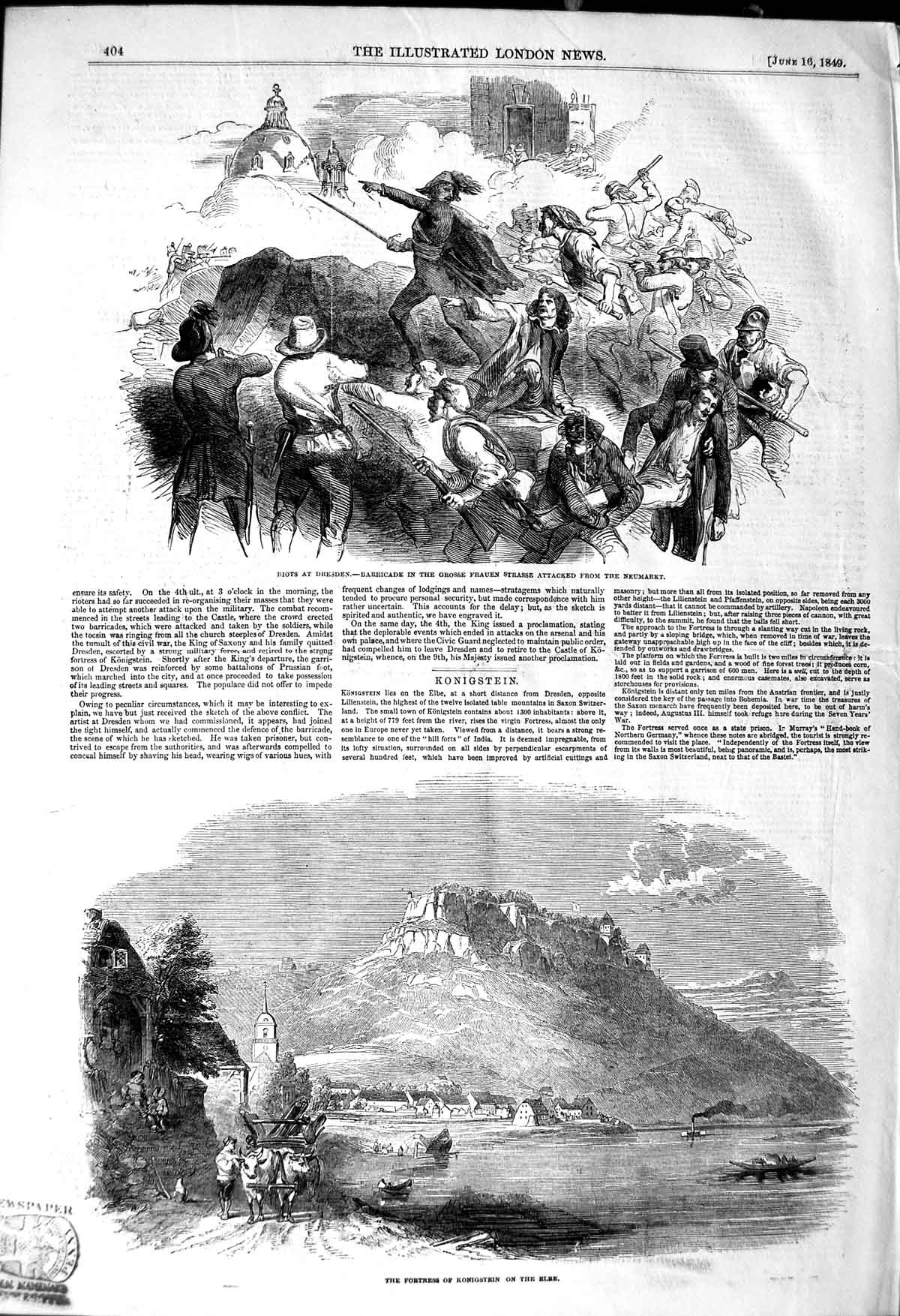 Original Old Antique Print 1849 Riots Dresden Grosse Fortress Konigstein Elbe