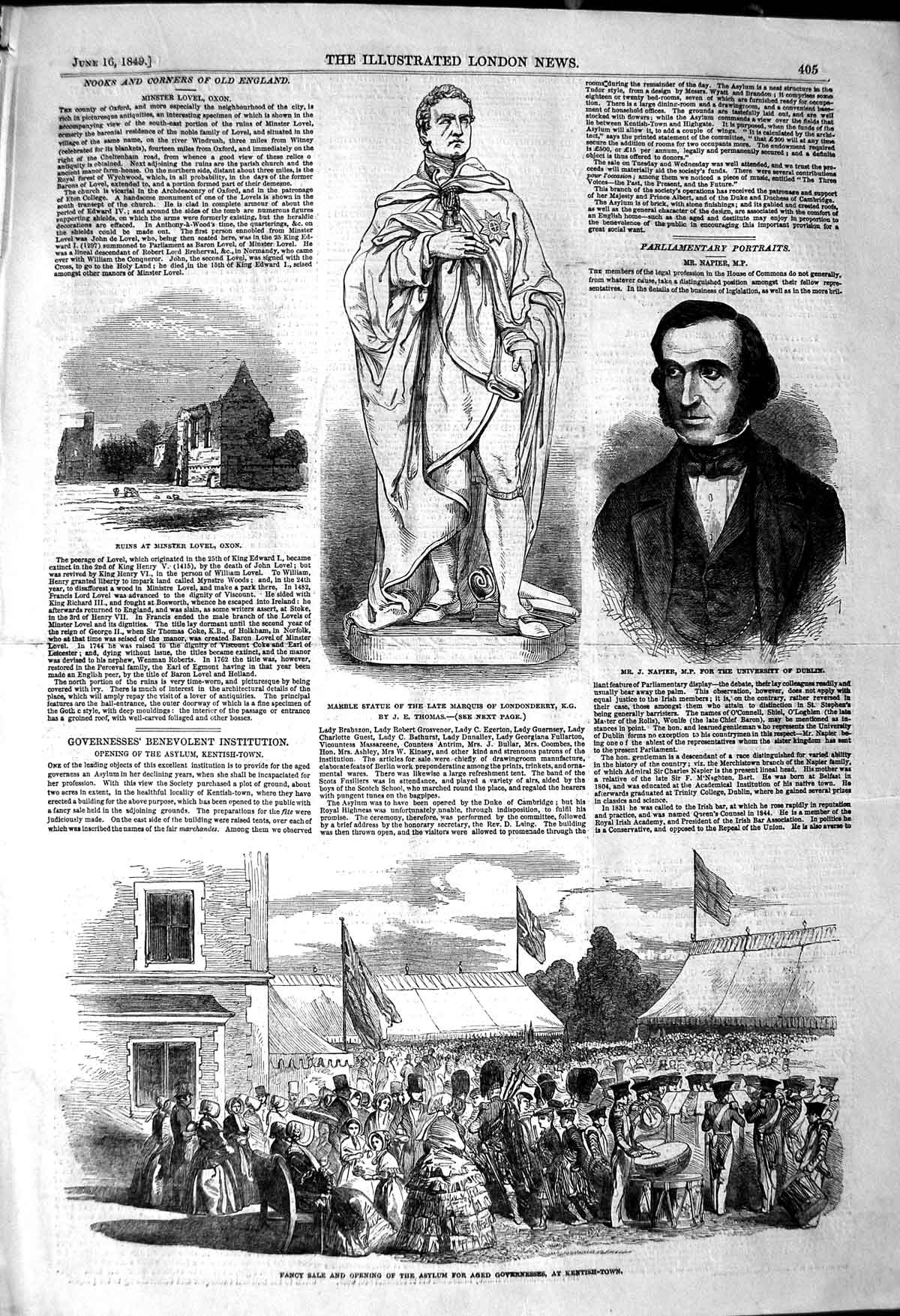 Original Old Antique Print 1849 Statue Marquis Londonderry Napier Kentish -Town