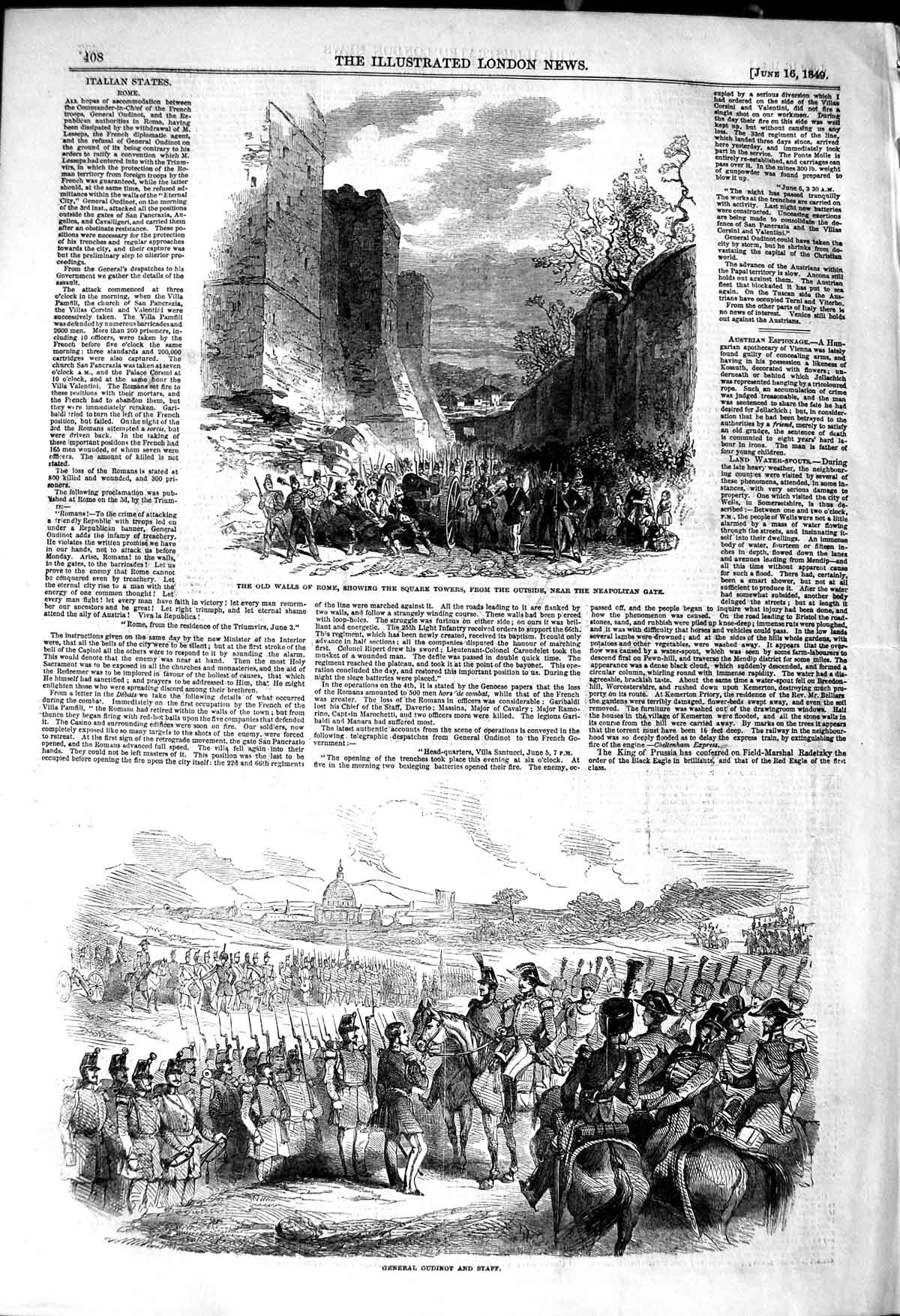 Original Old Antique Print 1849 Walls Rome Square Towers General Oudin Victorian