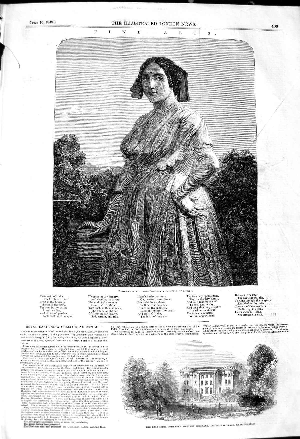 Old Antique Print 1849 Roman Country Girl India Military Seminary Croydon 19th