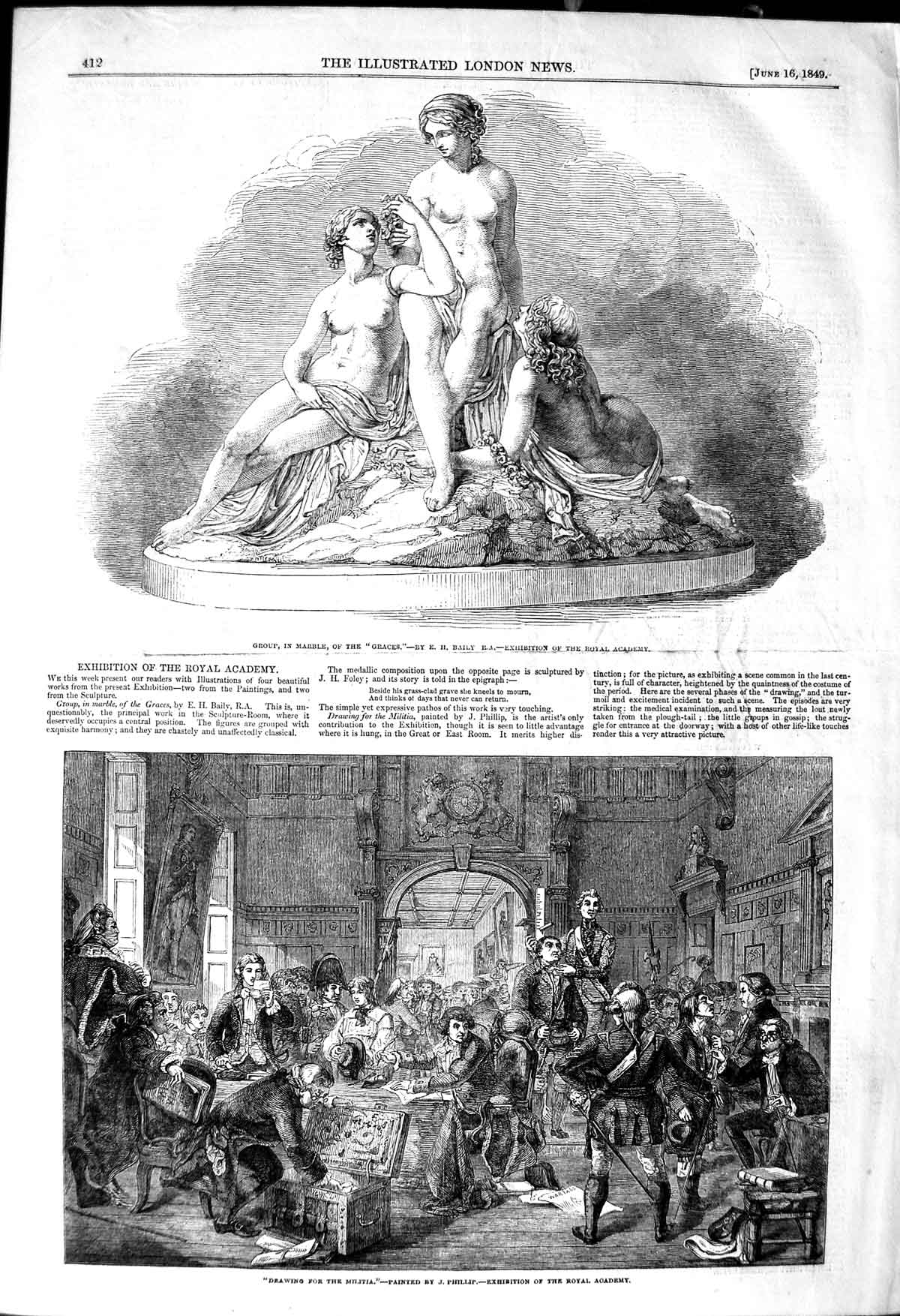 Old Antique Print 1849 Marble Group Graces Naked Ladies Militia Phillip 19th