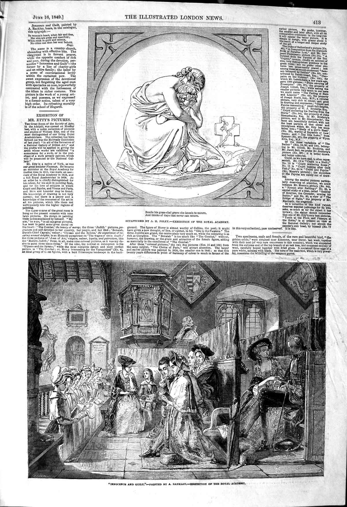 Old Antique Print 1849 Rankley Art Church Scene Sculpture Foley Academy 19th