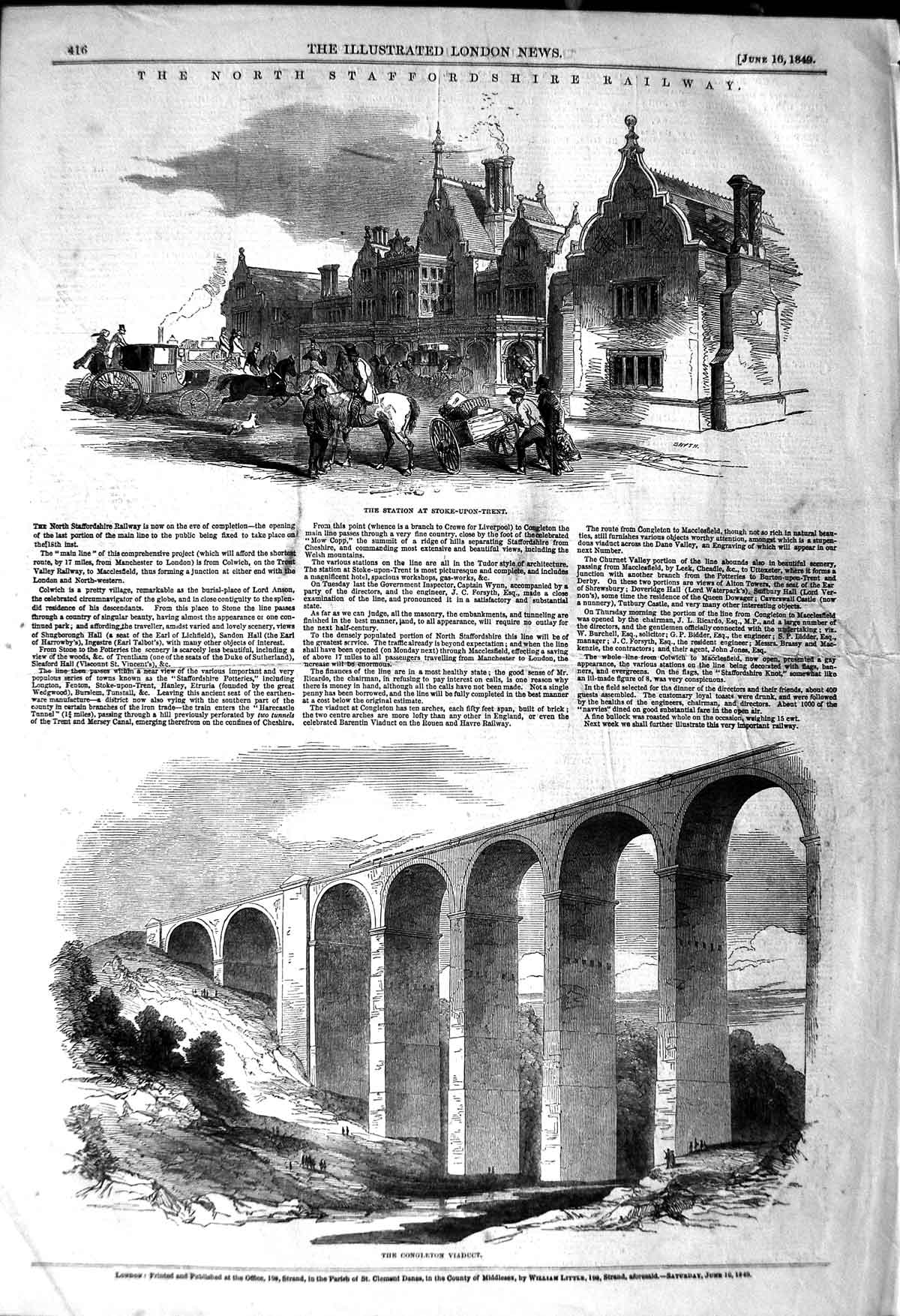 Original Old Antique Print 1849 Staffordshire Railway Stoke-Upon-Trent 19th