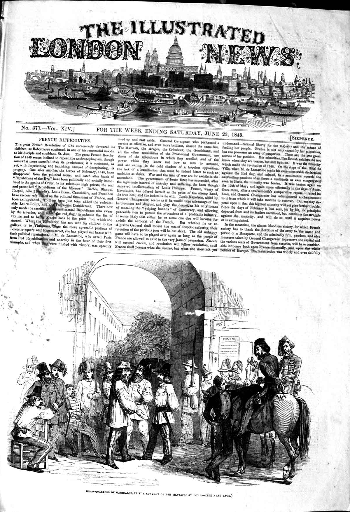 Original Old Antique Print 1849 Head-Quarters Garibaldi Convent Silvest 19th