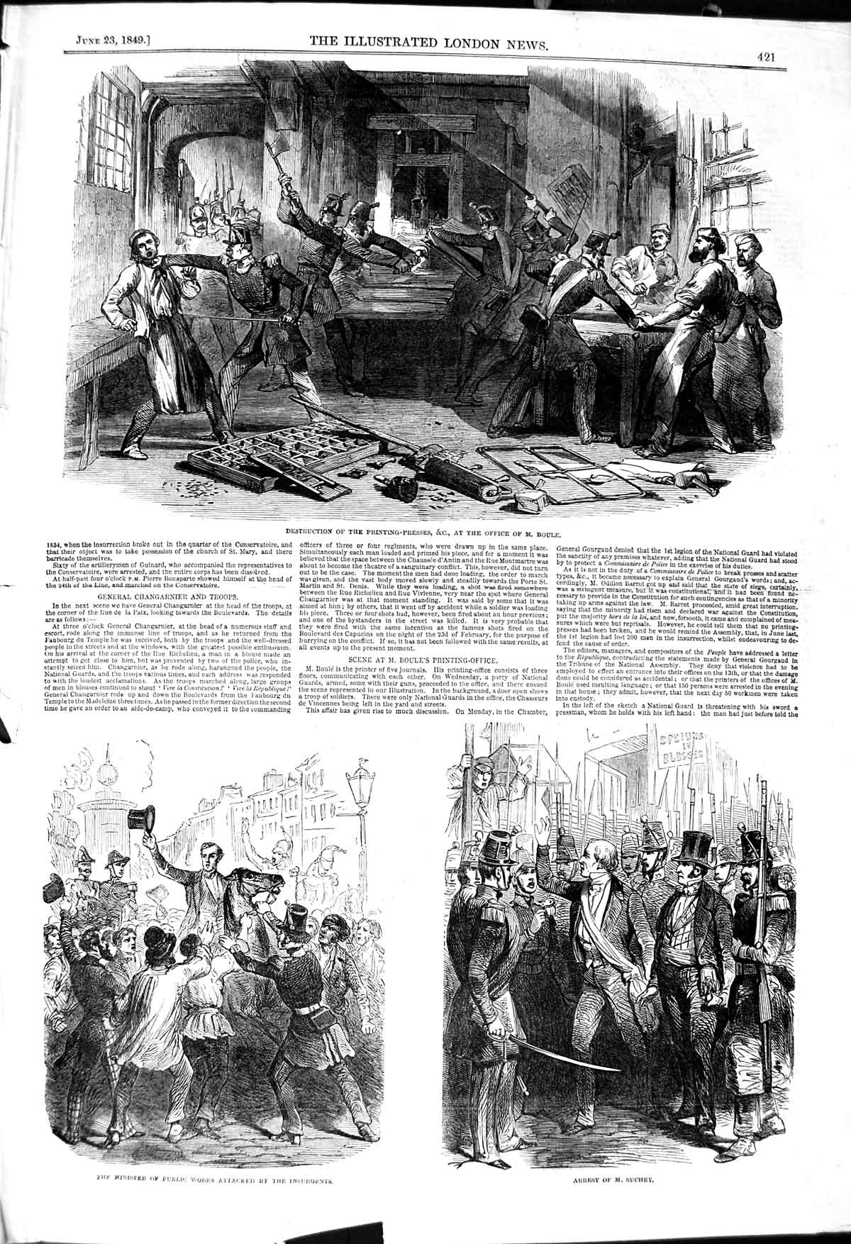 Original Old Antique Print 1849 Boule Ing Office Insurgents Arrest Suchet 19th