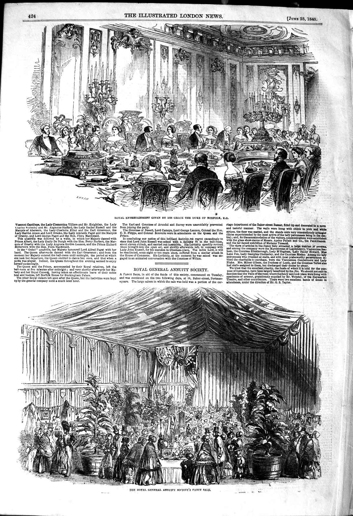Original Old Antique Print 1849 Royal General Annuity Society Sale Duke 19th
