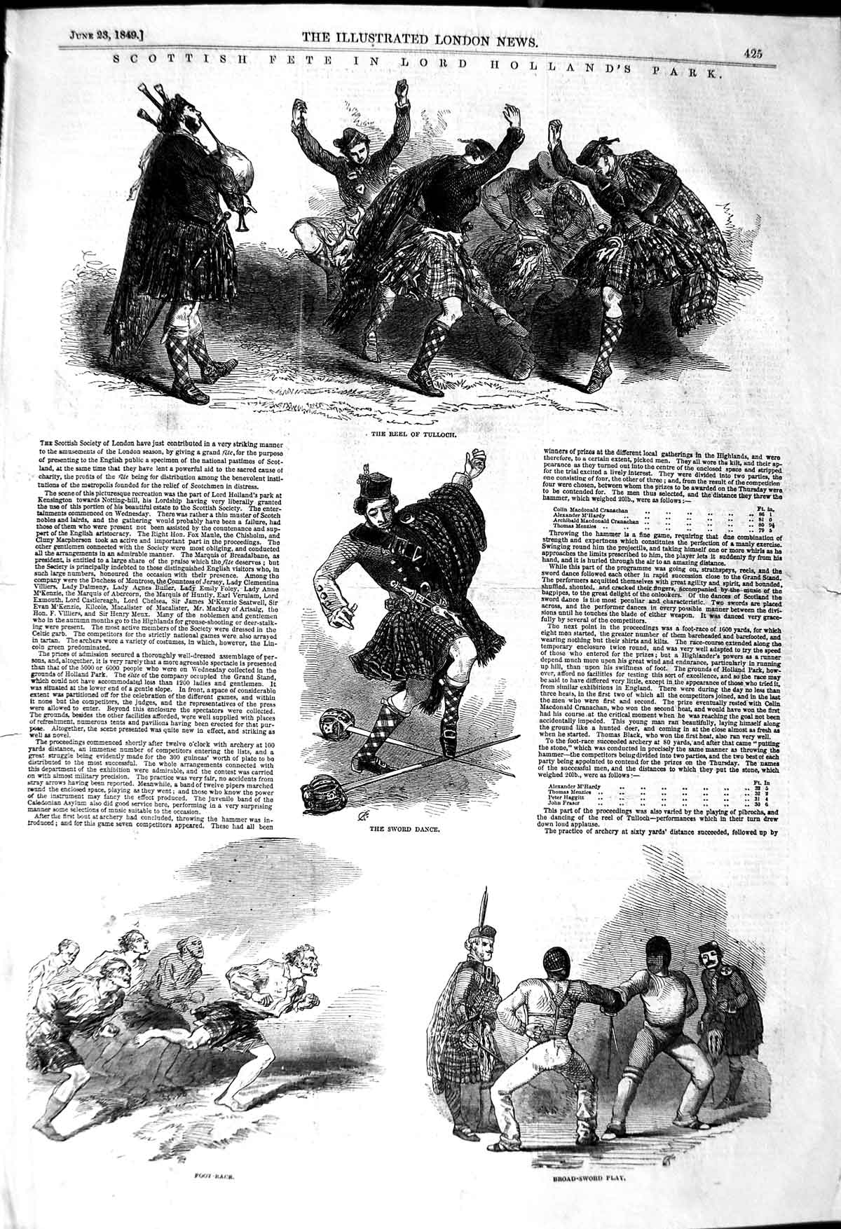Original Old Antique Print 1849 Lord Holland'S Park Scottish Dancing Reel Sword