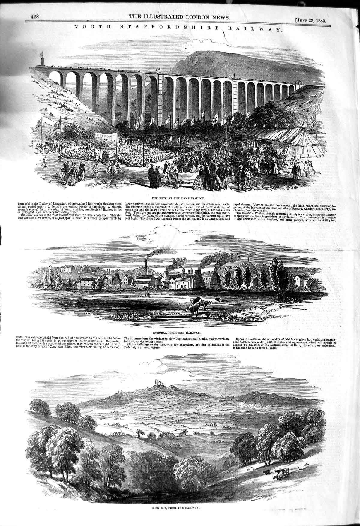 Original Old Antique Print 1849 Staffordshire Railway Dane Viaduct Mow Cop 19th