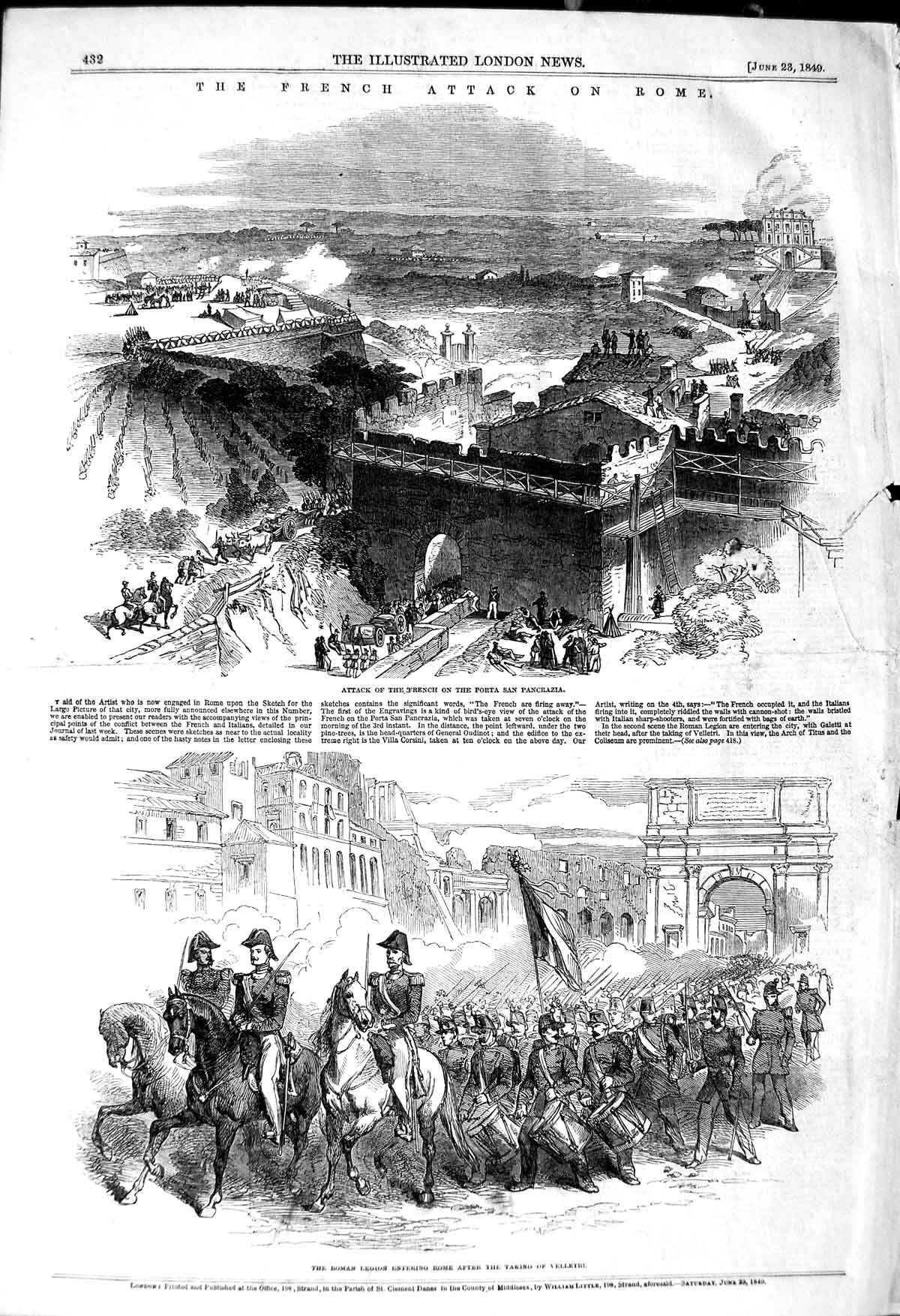 Original Old Antique Print 1849 French Siers Attack Rome Porta Pancrazia 19th