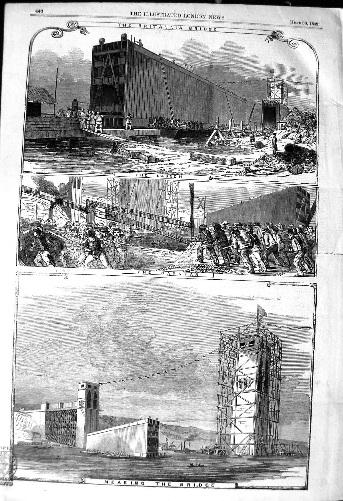Original Old Antique Print 1849 Britannia Bridge Capstan Engi 19th