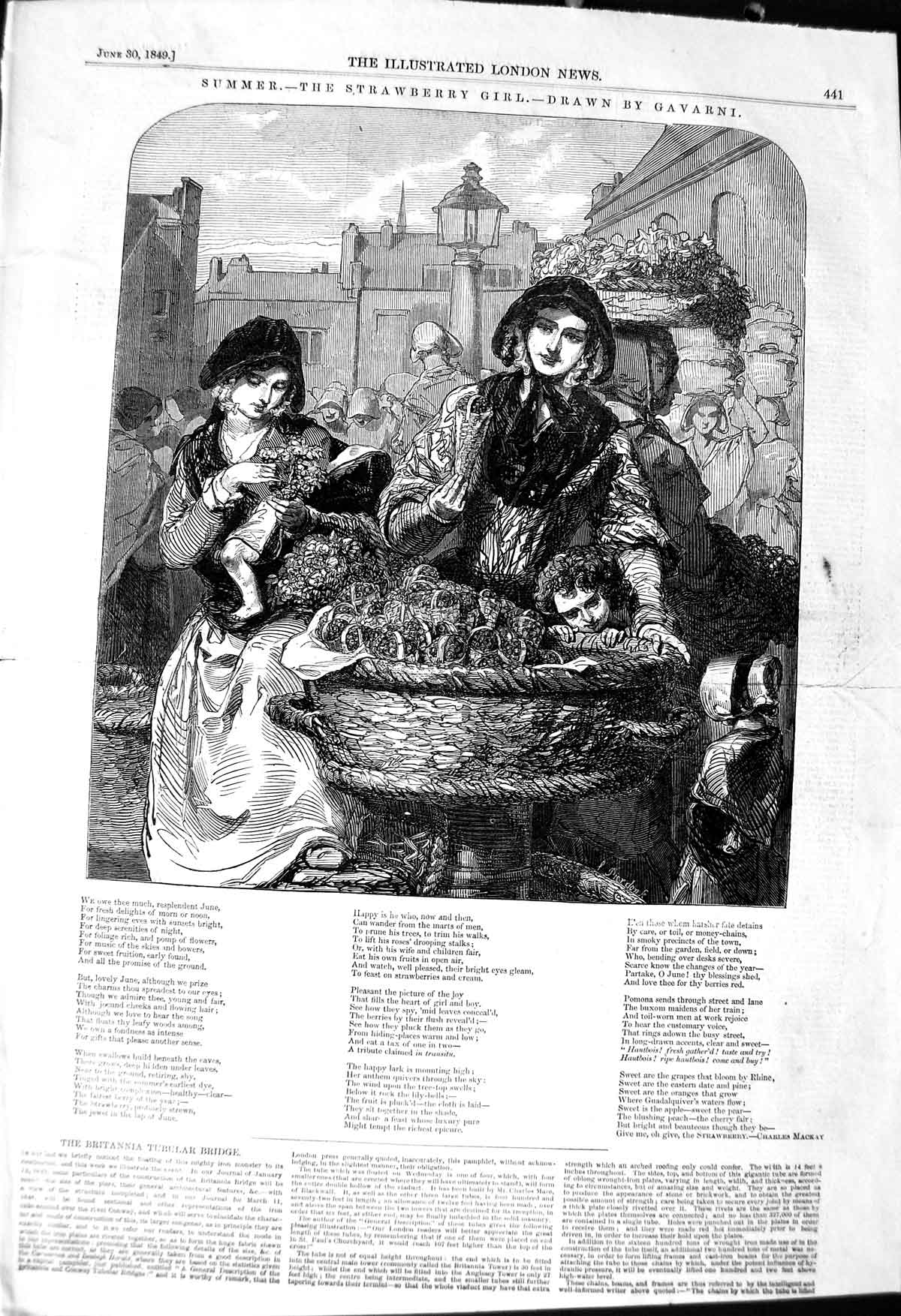 Original Old Antique Print 1849 Summer Scene Strawberry Girl Fruit Seller 19th