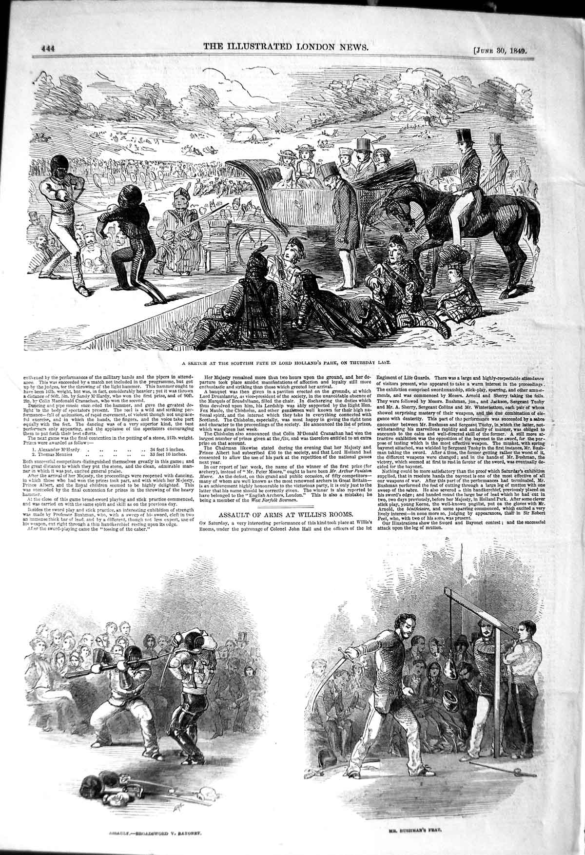 Original Old Antique Print 1849 Scottish Fete Lord Holland Willis Rooms 19th