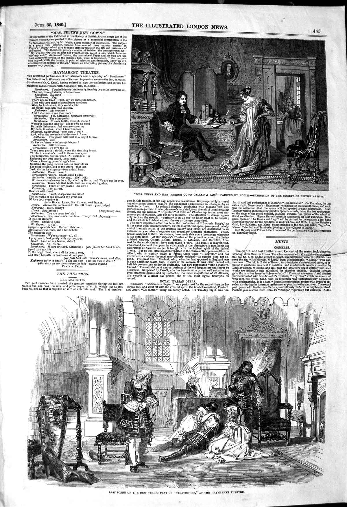 Original Old Antique Print 1849 Scene Strathmore Haymarket Theatre Pepys French