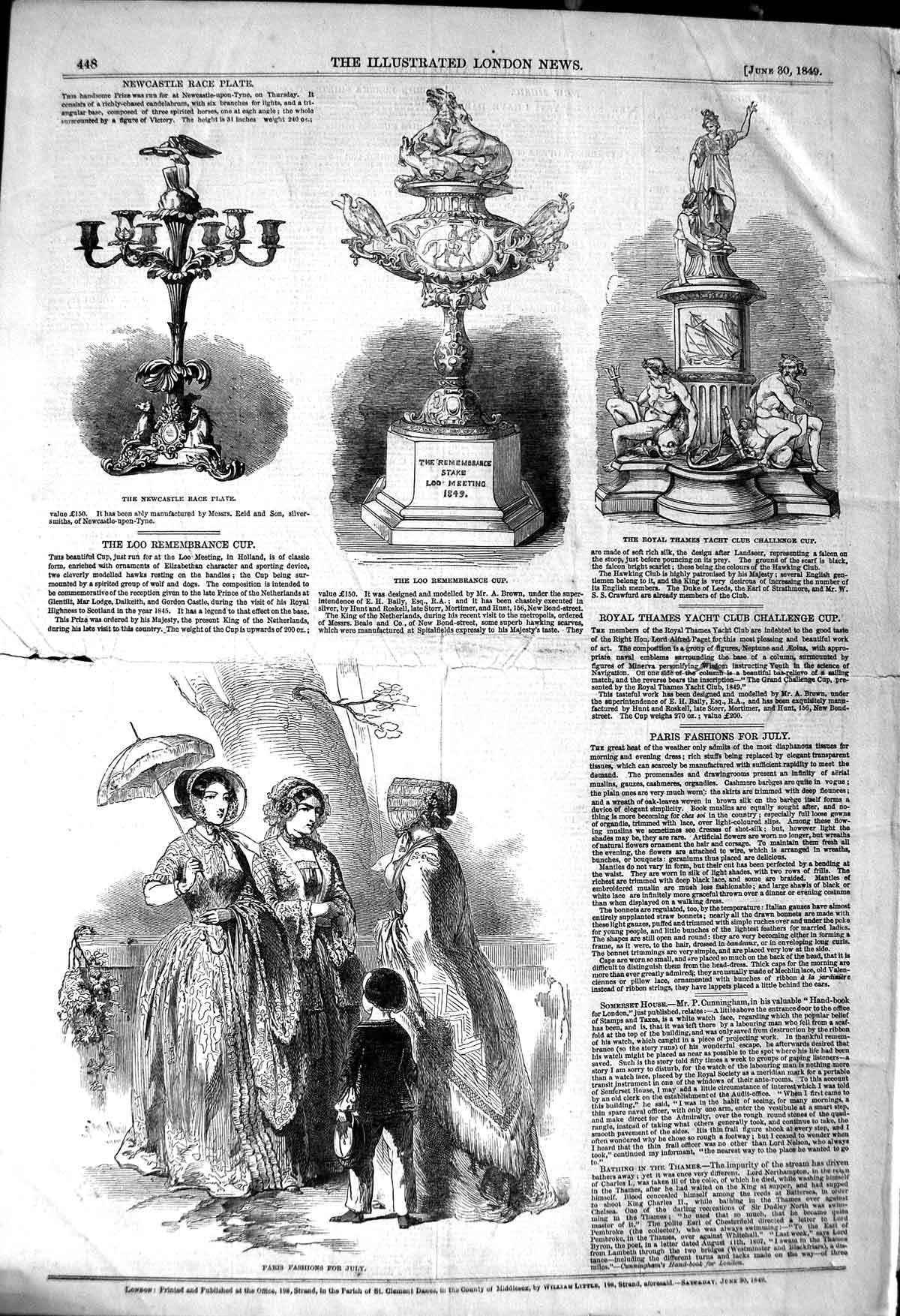 Original Old Antique Print 1849 Paris Fashion Loo Remembrance Cup Thames Yacht