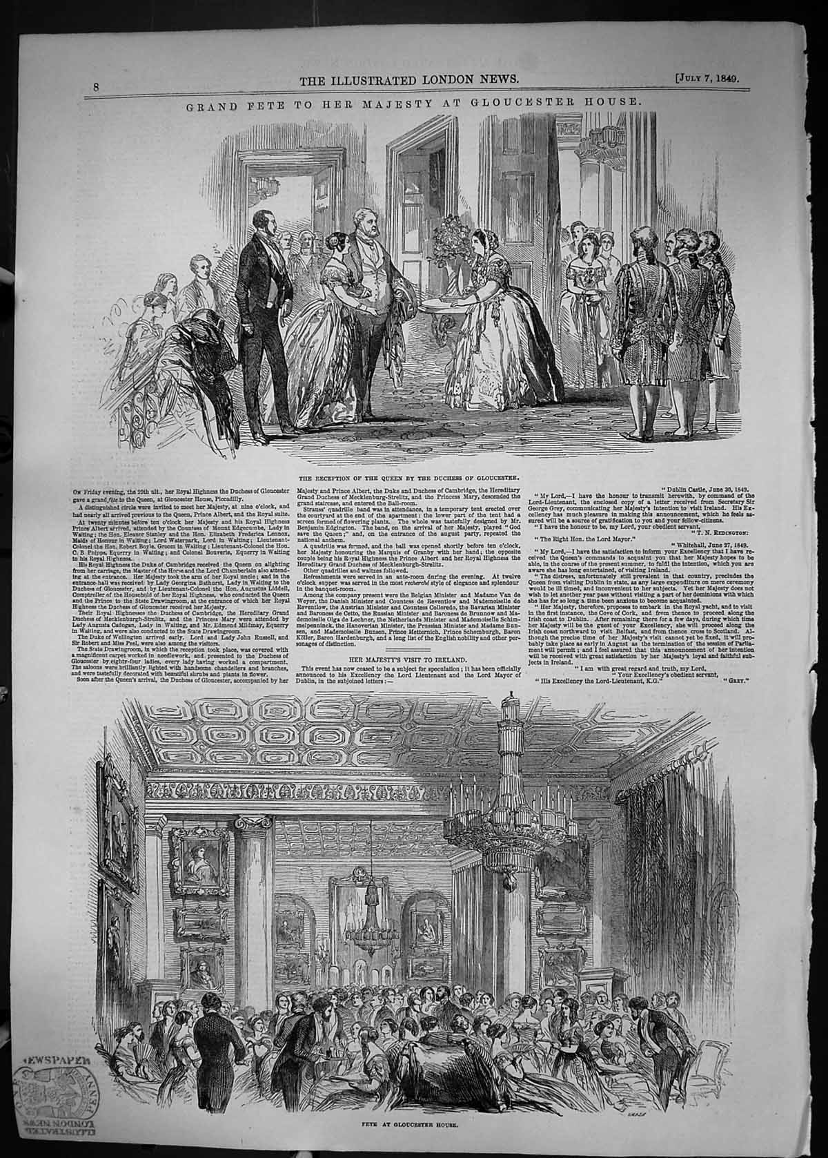 Old Antique Print 1849 Fete Queen Duchess Gloucester Ireland Royal Family 19th