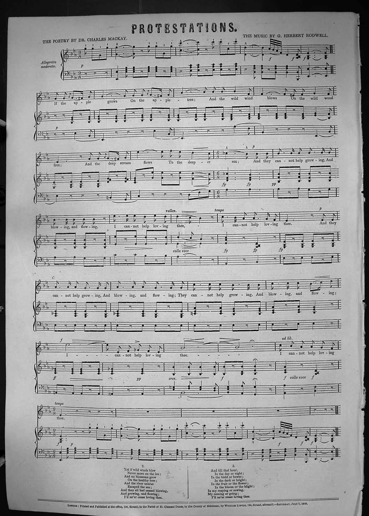 Old 1849 Sheet Music Protestations Poetry Charles Mackay Herbert Rodw Victorian