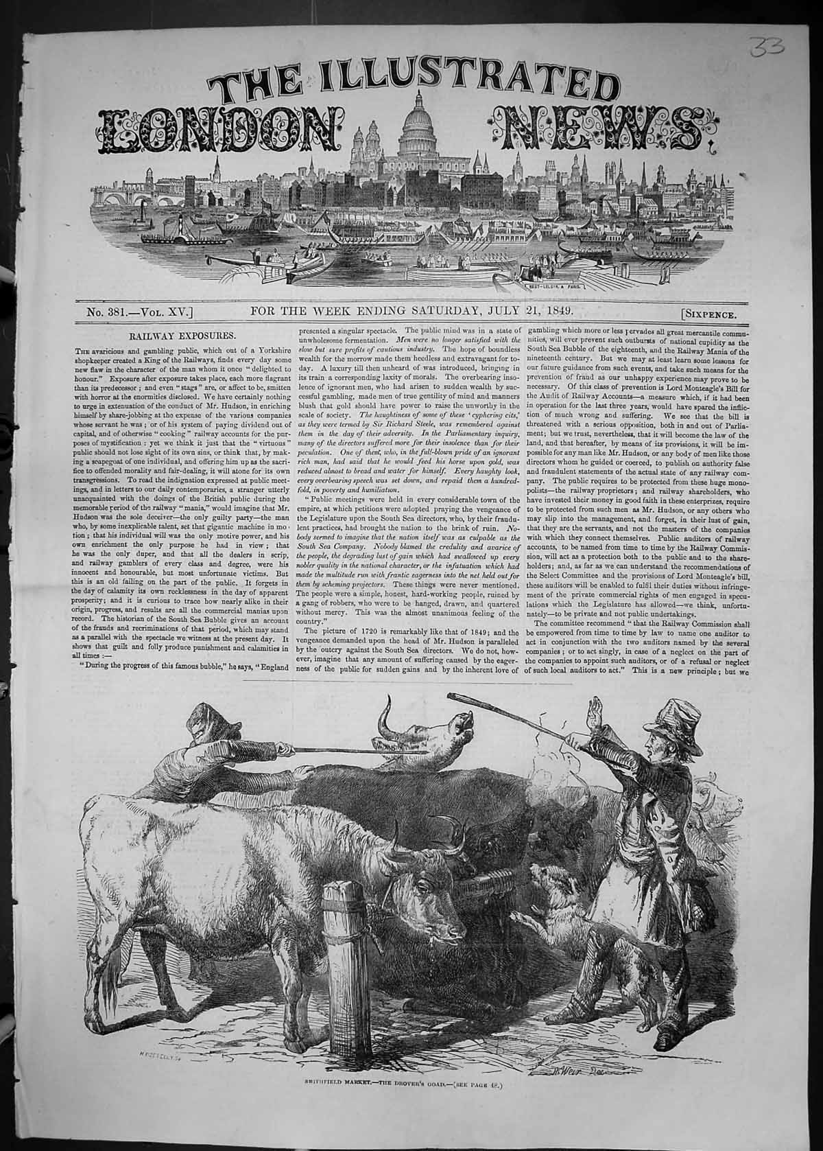 Original Old Antique Print 1849 Smithfield Cattle Market Drover'S Goad 19th
