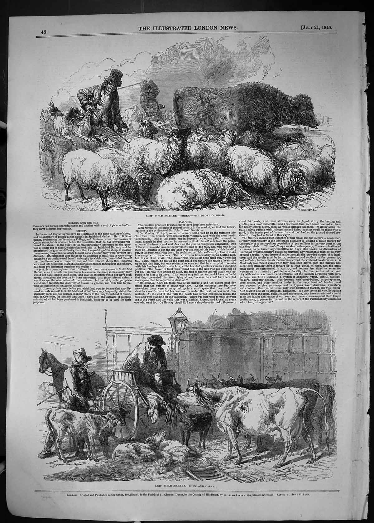 Antique Old Print 1849 Smithfield Market Sheep Drover'S Goad Animals Cattle