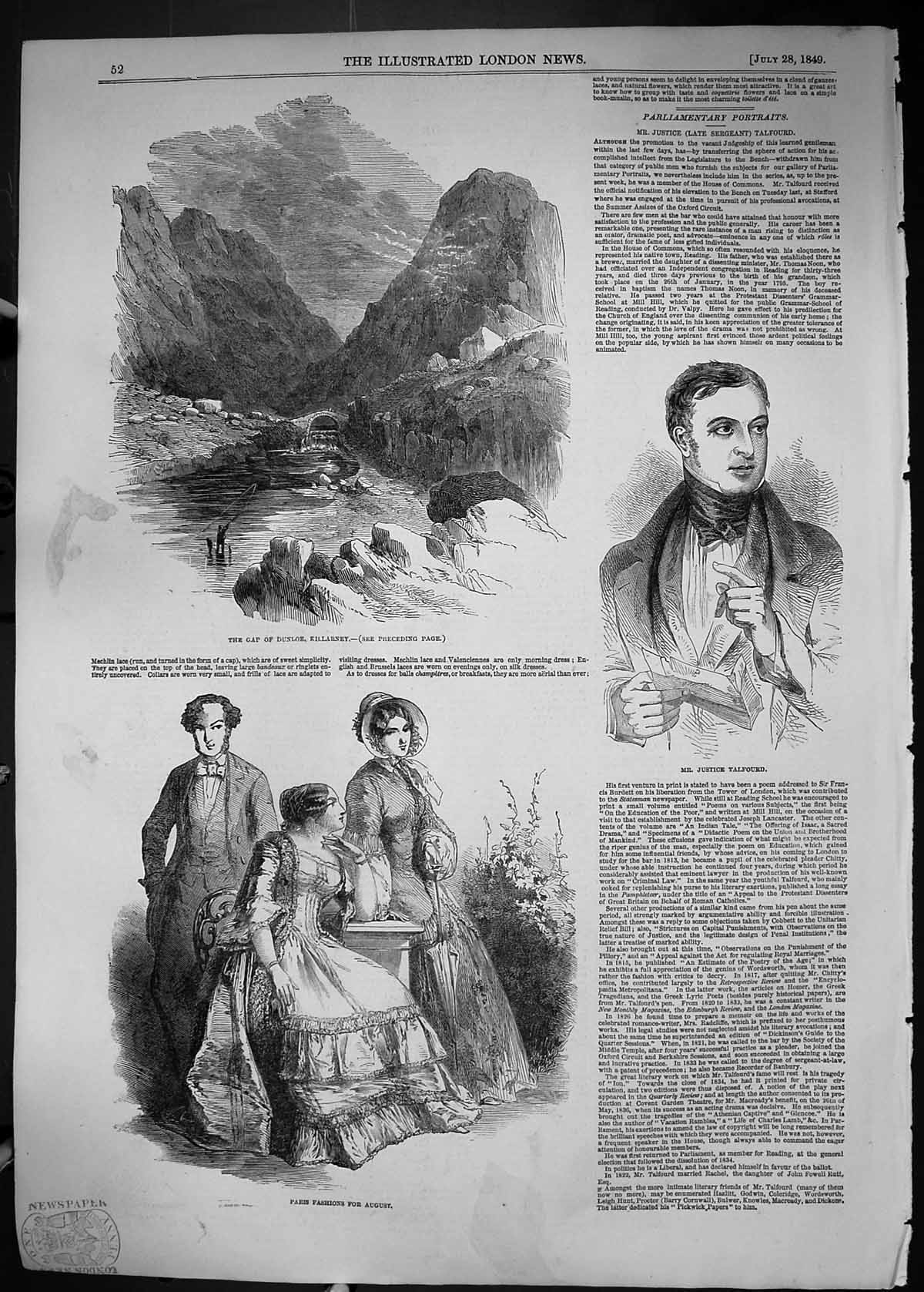 Old 1849 Gap Dunloe Killarney Ireland Justice Talfourd Paris Fashion Victorian