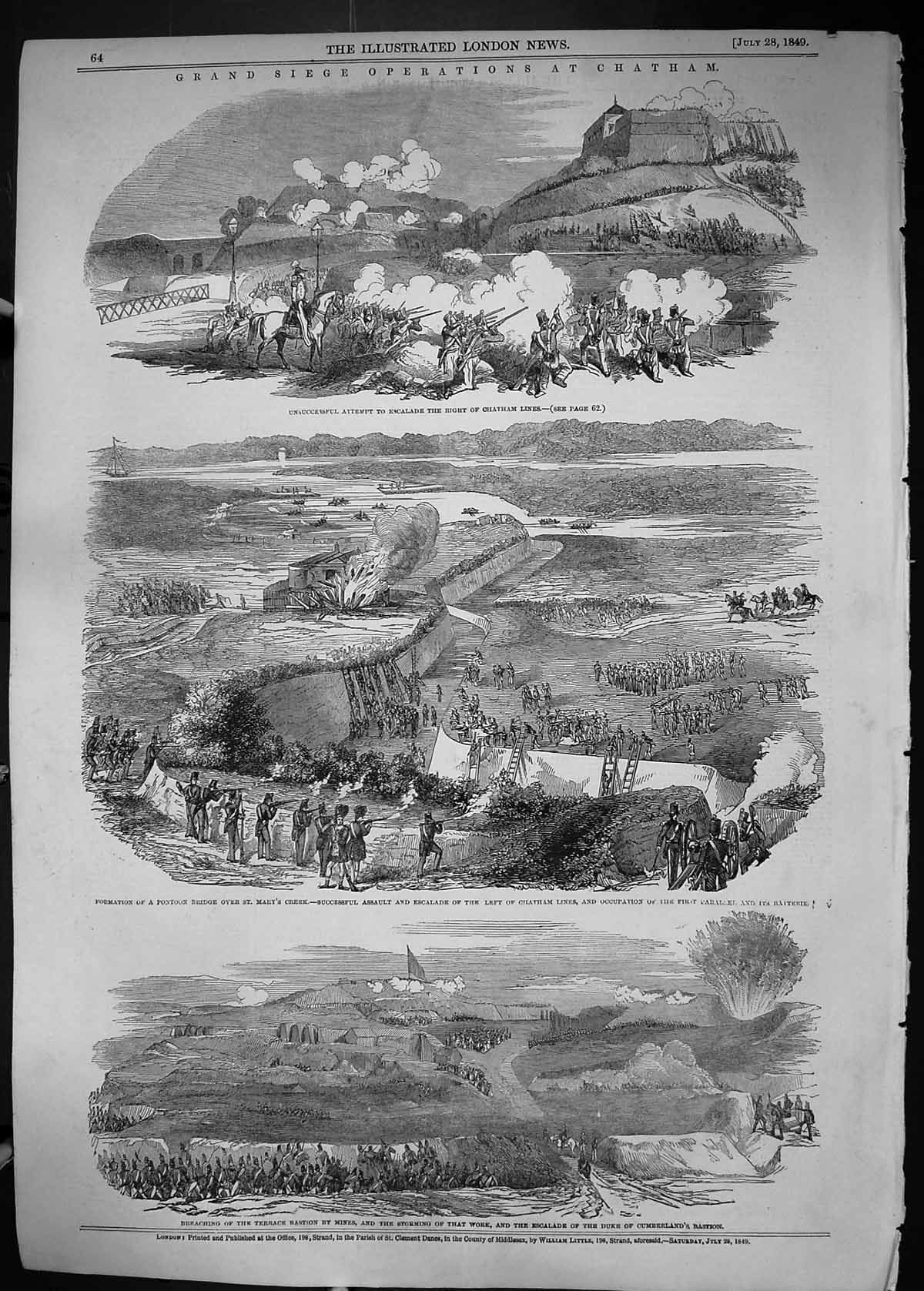 Old Print 1849 Siege Operations Chatham Siers Pontoon Bridge Duke Cumber 19th