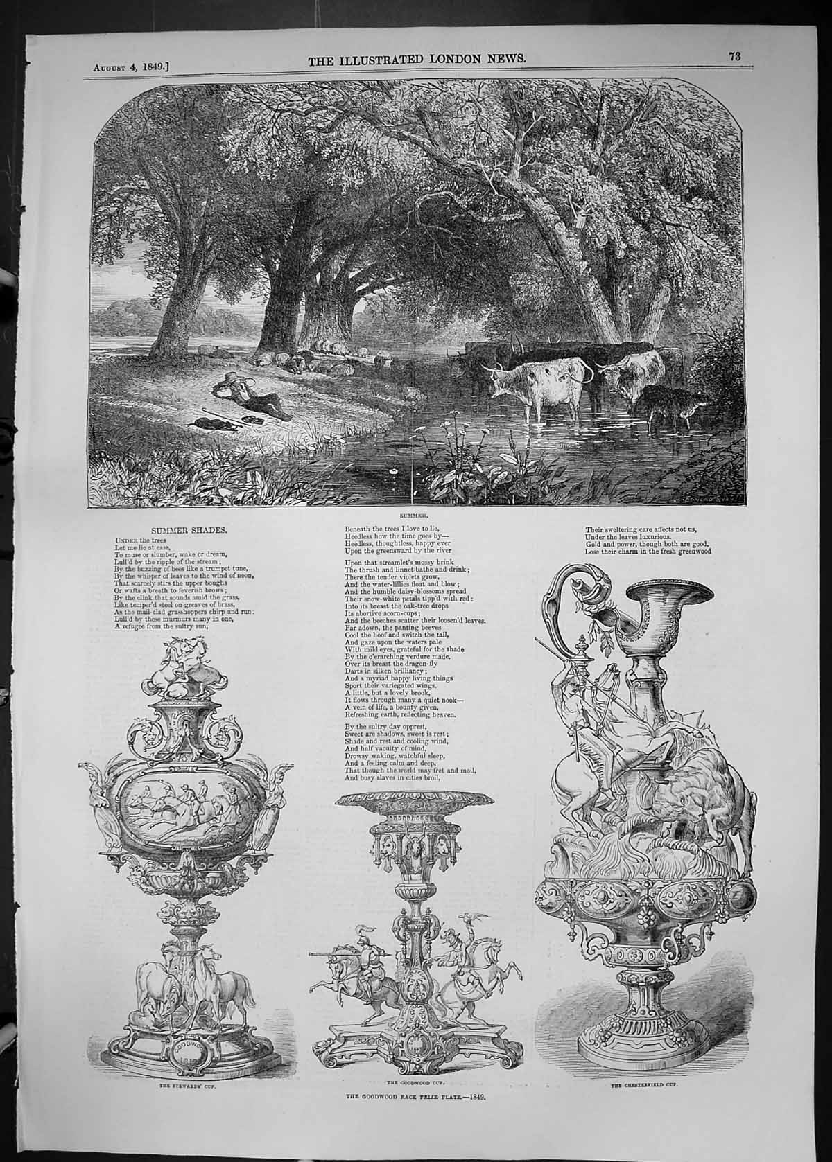 Old 1849 Summer Scene River Trees Cattle Goodwood Horse Cup Stewards Victorian