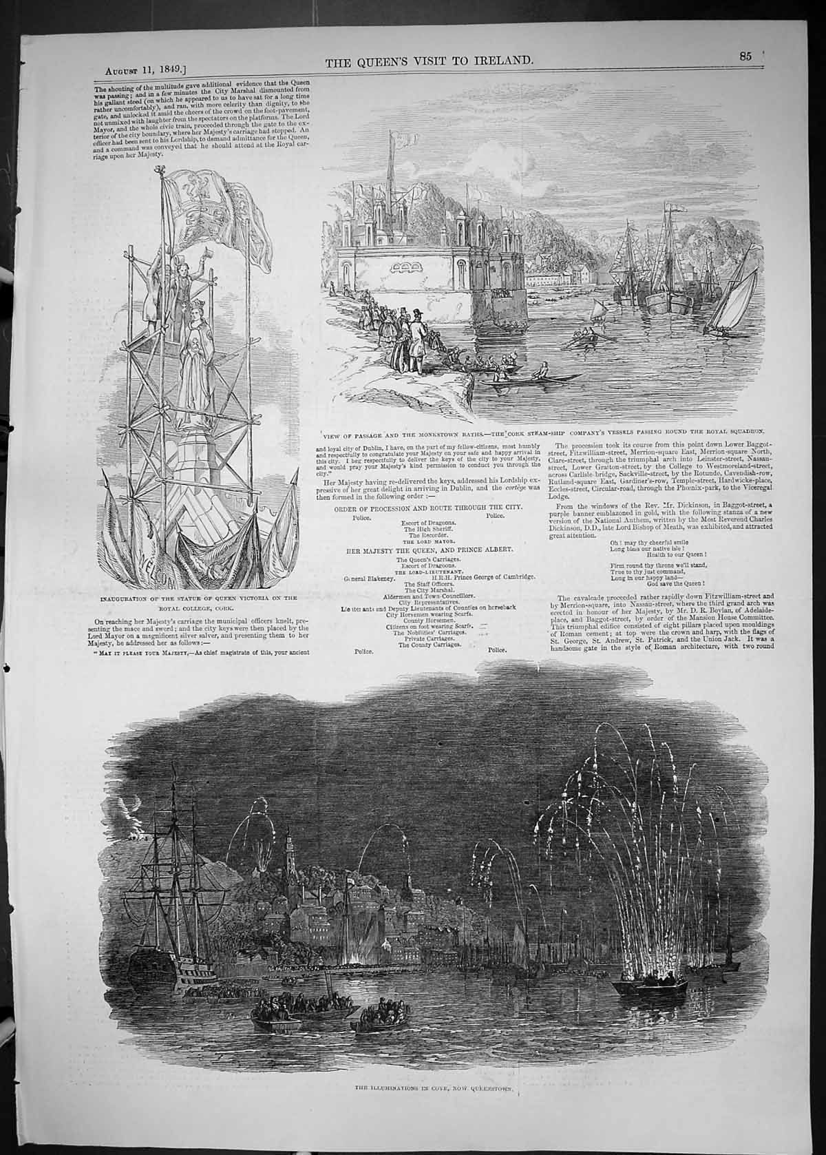 Old 1849 Illuminations Coye Queenstown Monkstown Cork Ship Statue Que Victorian
