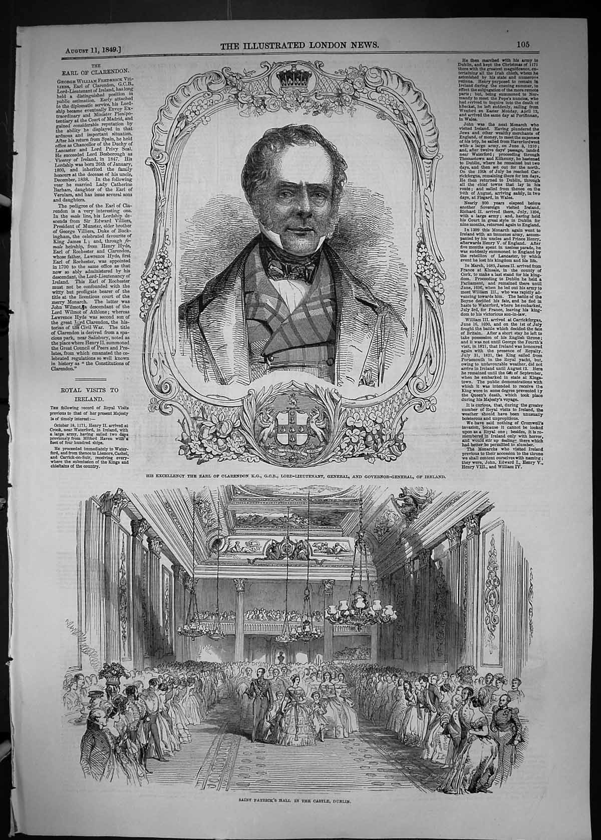 Old 1849 Earl Clarendon General Ireland Saint Patrick'S Hall Castle D Victorian