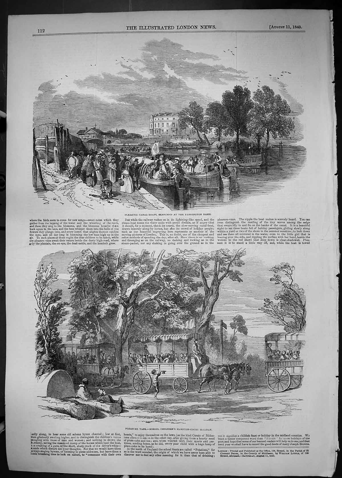Old 1849 Pleasure Canal Boats Paddington Basin Vans School Children H Victorian