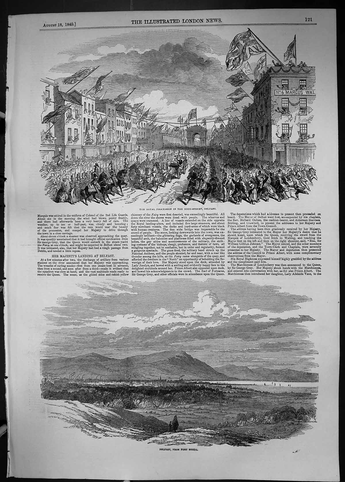 Antique Old Print 1849 Queen Royal Procession View Belfast Ireland Fort Breda