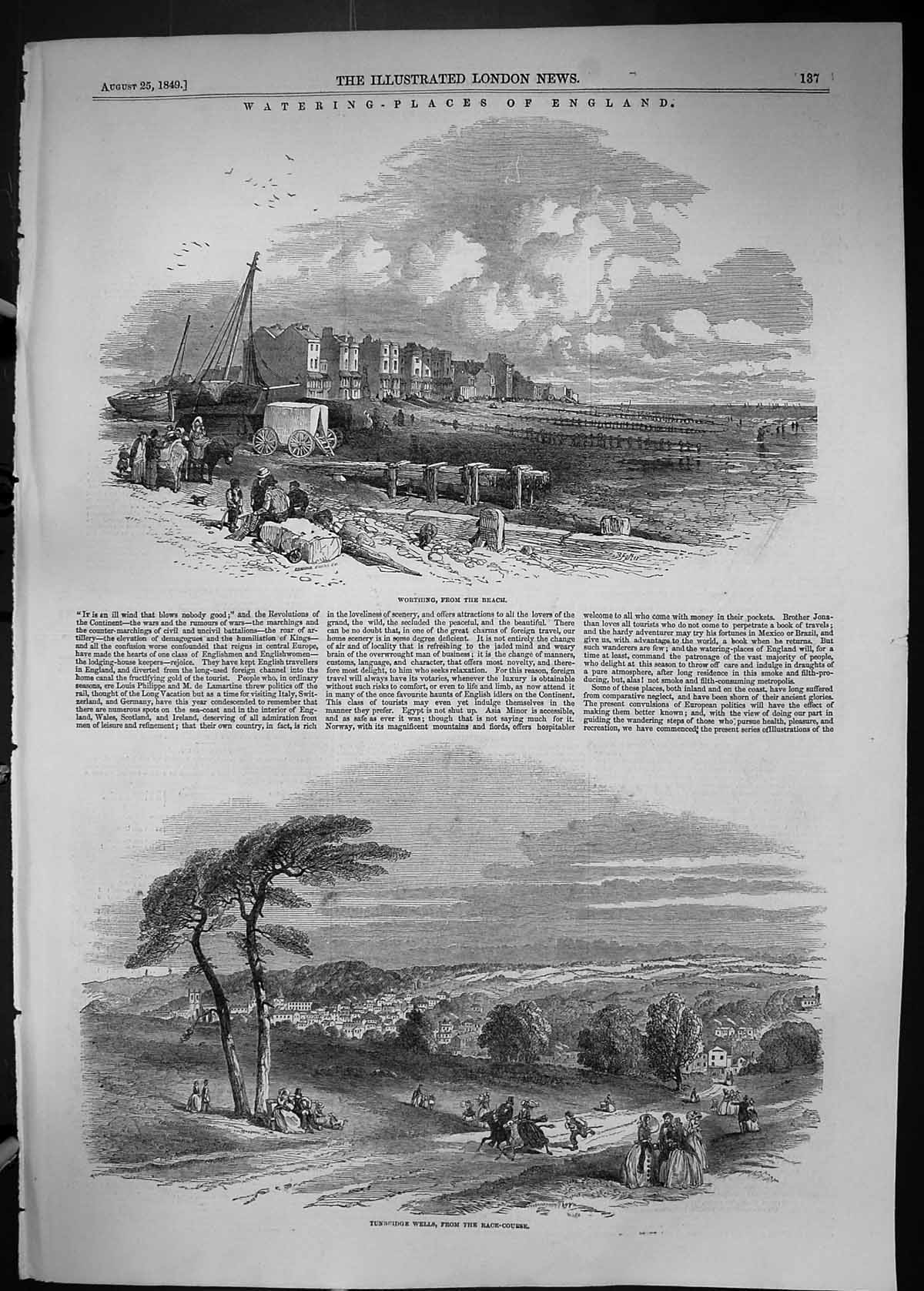 Old 1849 View Worthing Beach Scene Tunbridge Wells Horse Race Course Victorian