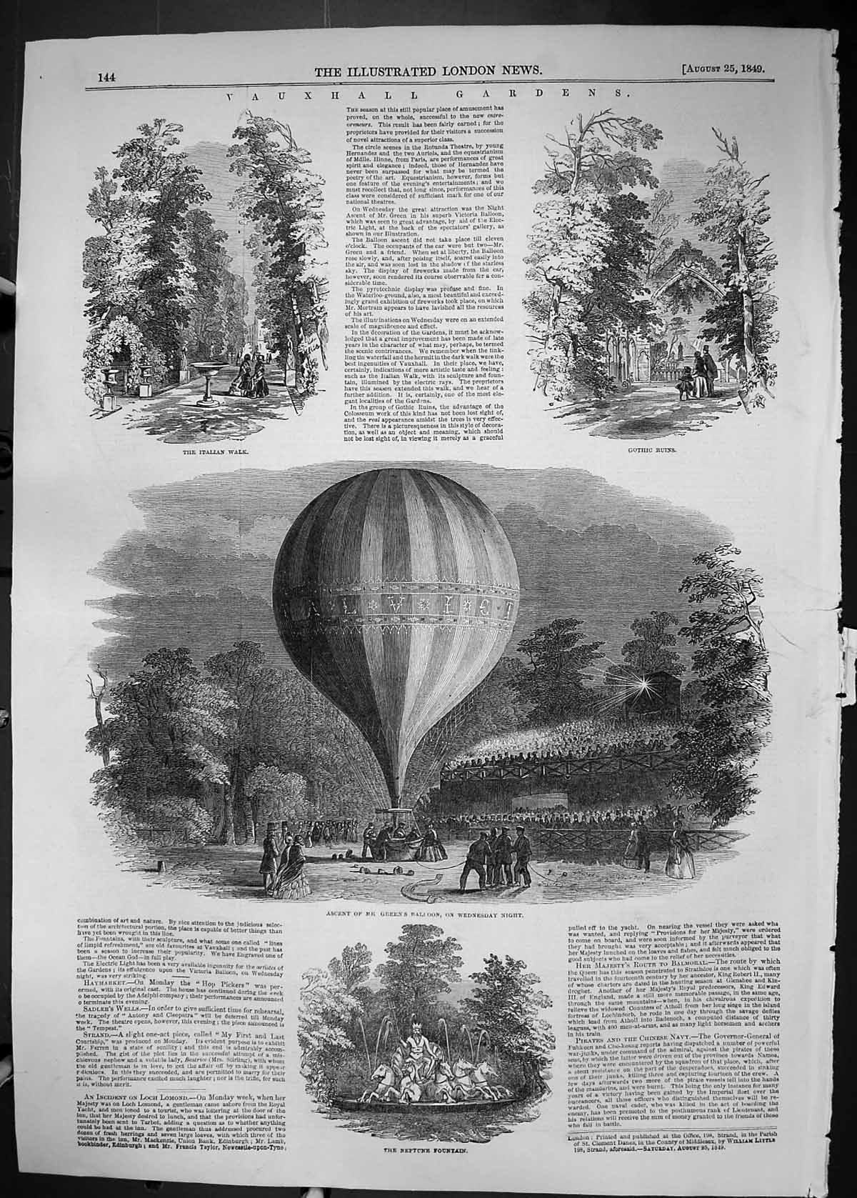 Old 1849 Vauxhall Gardens Italian Walk Gothic Ruins Green Balloon Nep Victorian