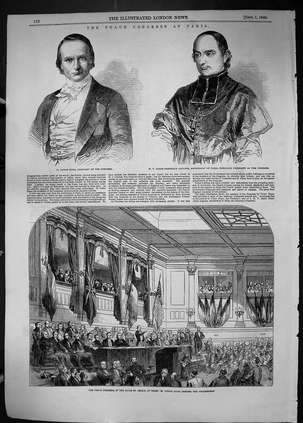 Old 1849 Peace Congress Paris Victor Hugo Marie-Dominique Salle Cecile Victorian