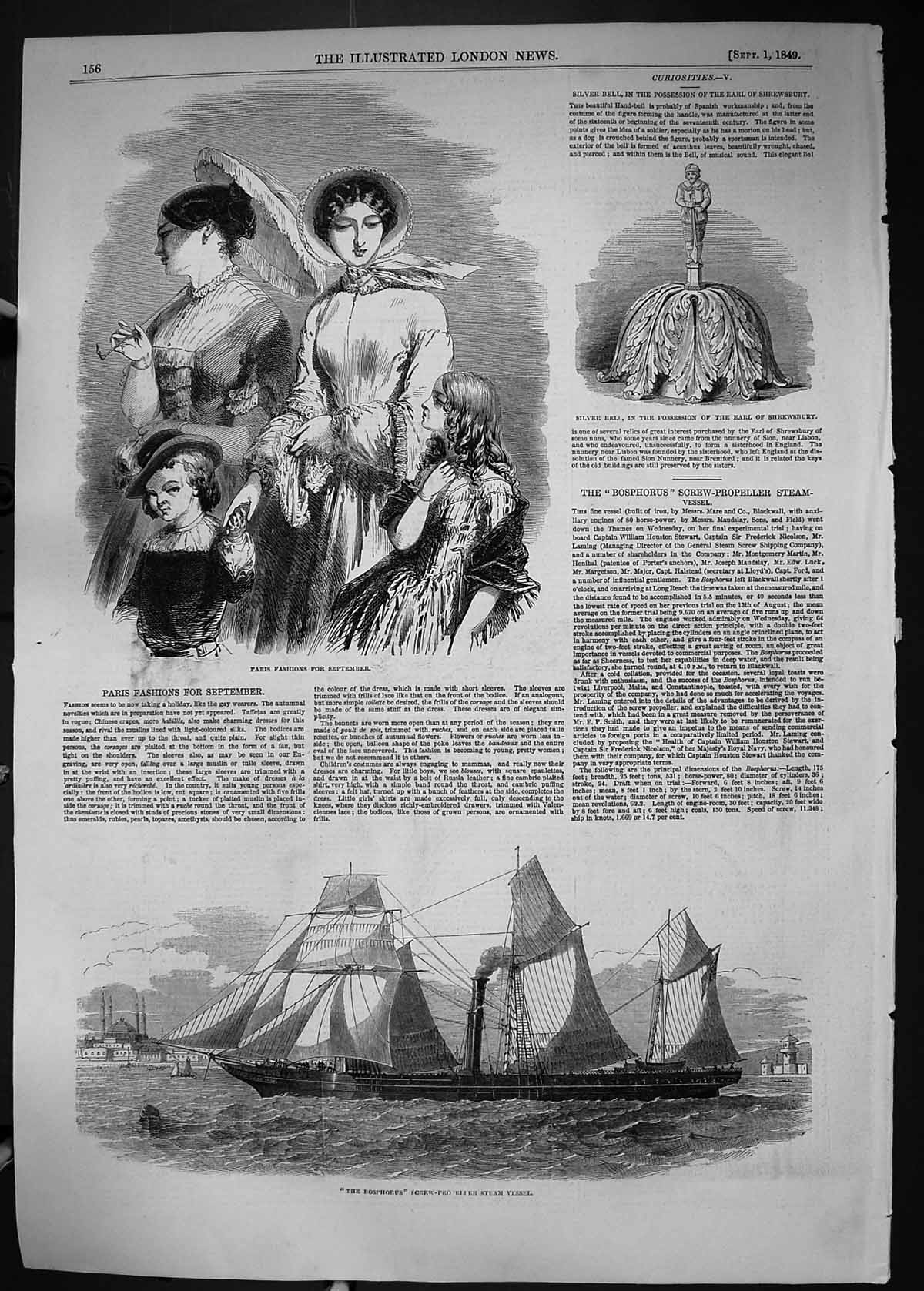 Antique Print 1849 Parish Fashion Bosphorus Screw-Propeller Steam Ship Silv 19th