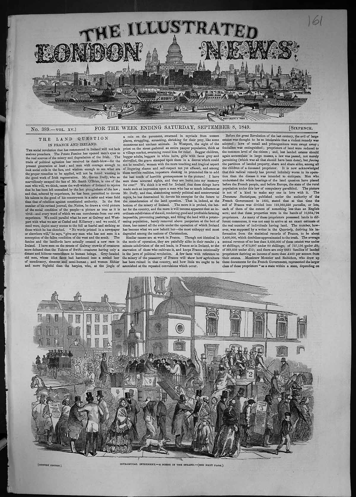 Original Old Antique Print 1849 Intramural Interment Scene Strand London 19th