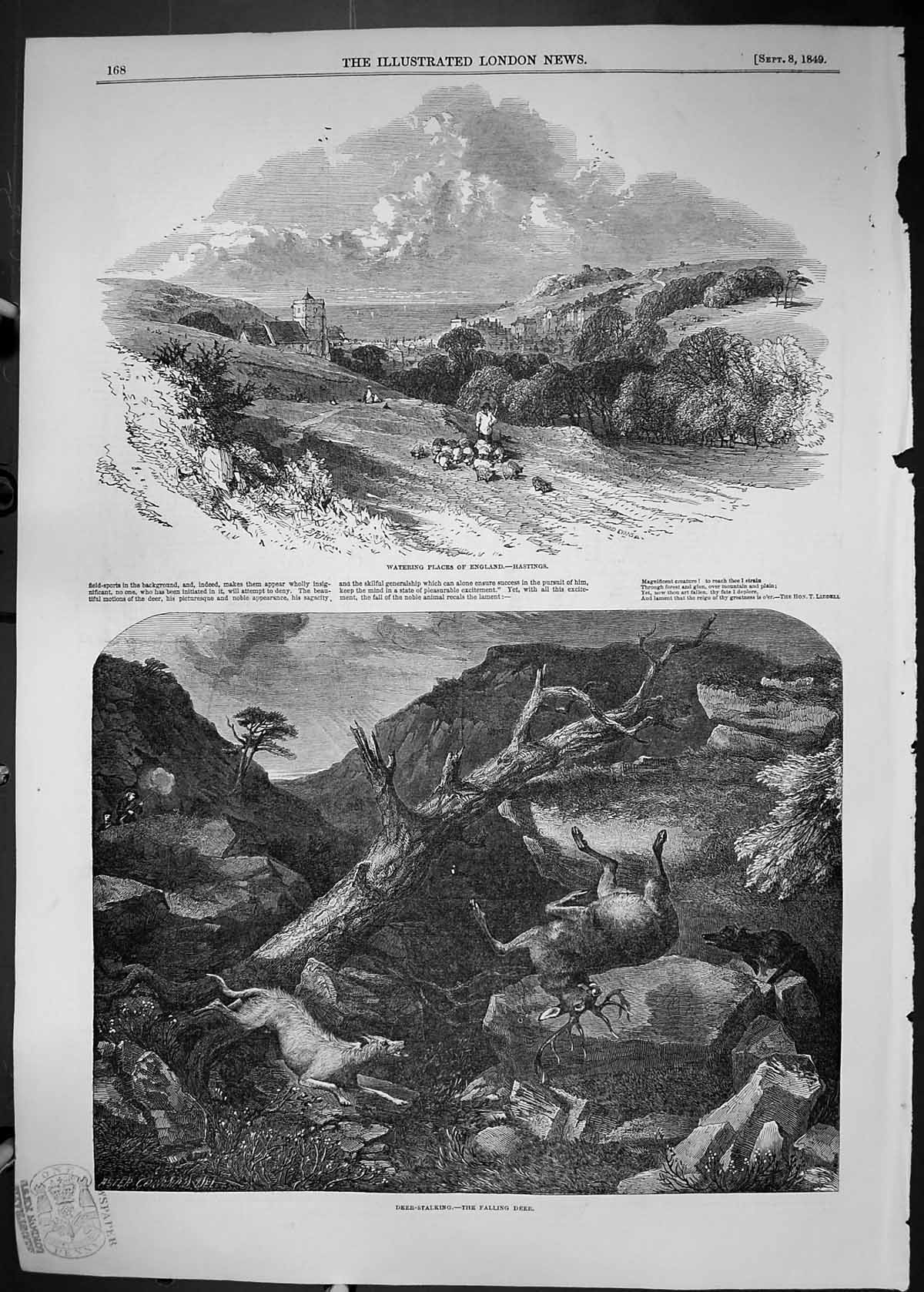 Antique Print 1849 View Hastings England Deer Stalking Hunting Fallen Deer 19th