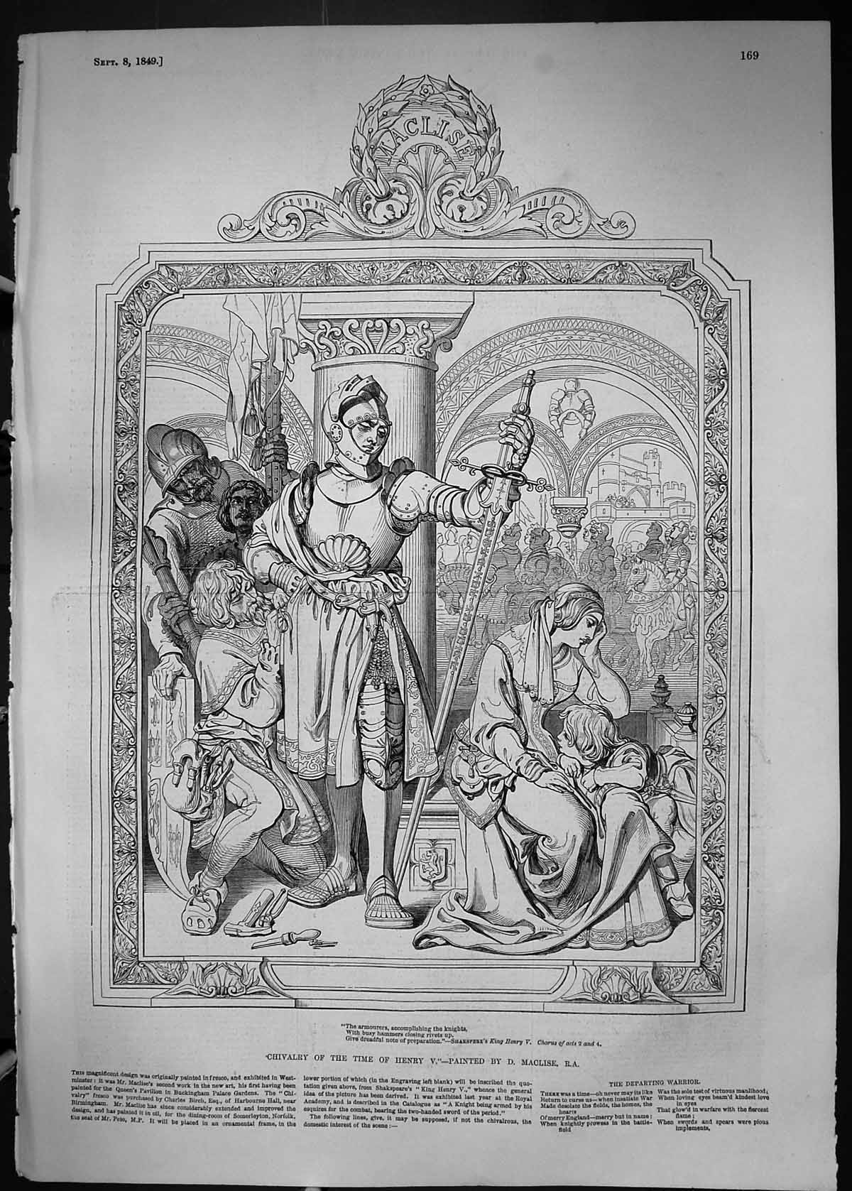 Original Old Antique Print 1849 Chivalry King Henry V Painted Maclise Victorian