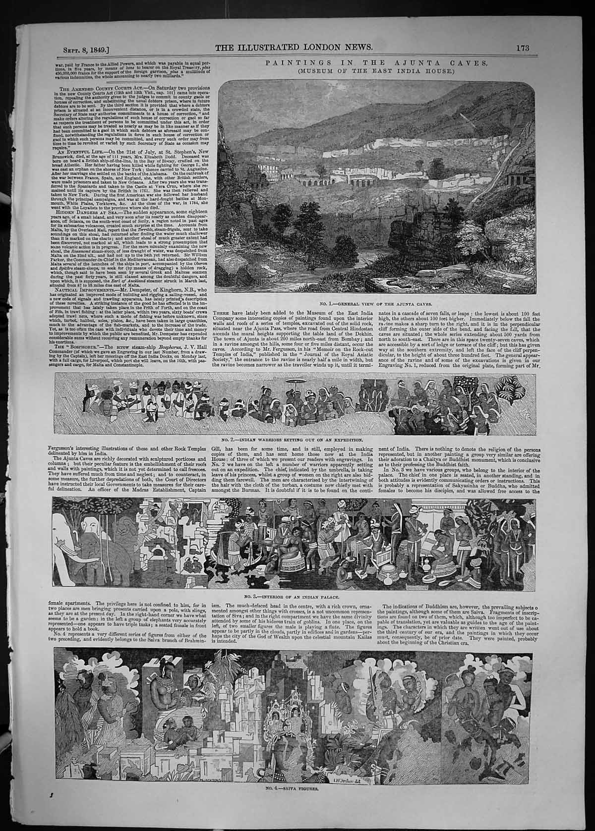 Antique Print 1849 Ajunta Caves Indian Warriors Palace Saiva Figures Museum