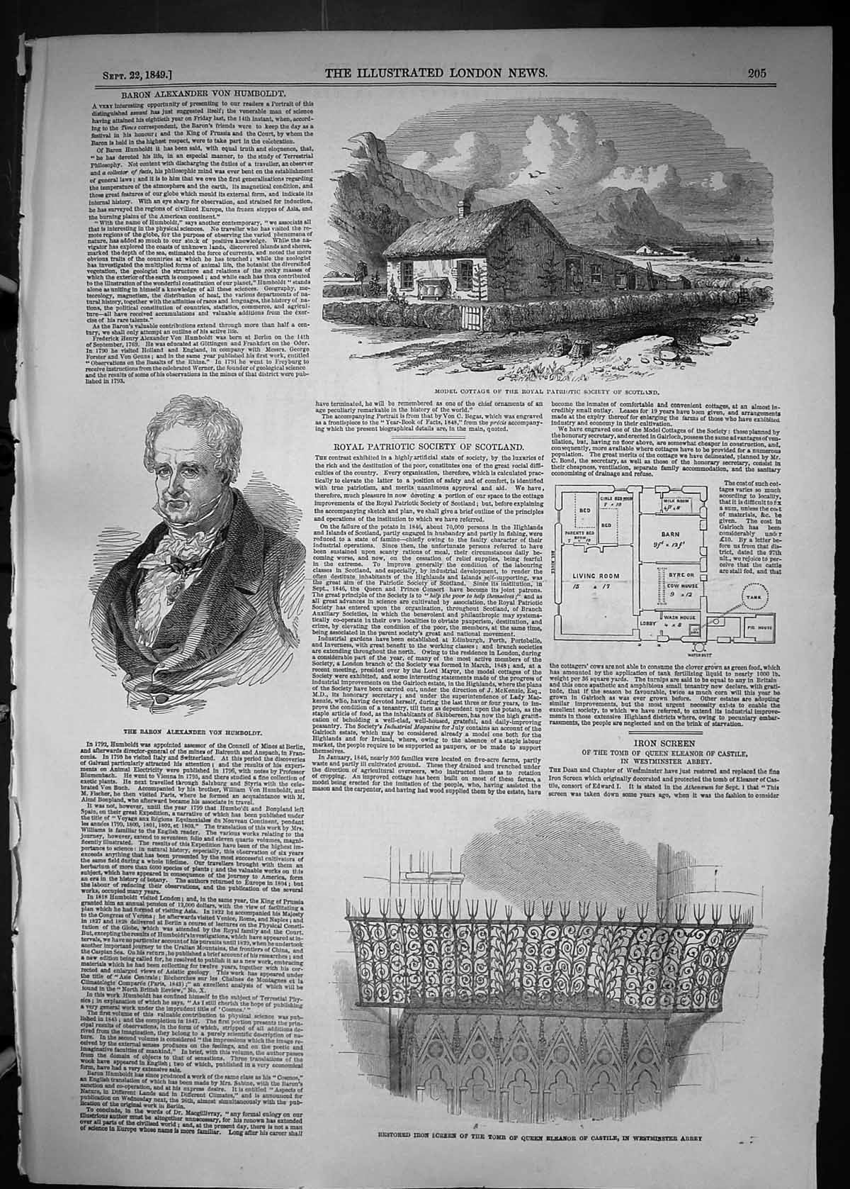 Antique Print 1849 Baron Alexander Humbt Model Cottage Patriotic Tomb Queen