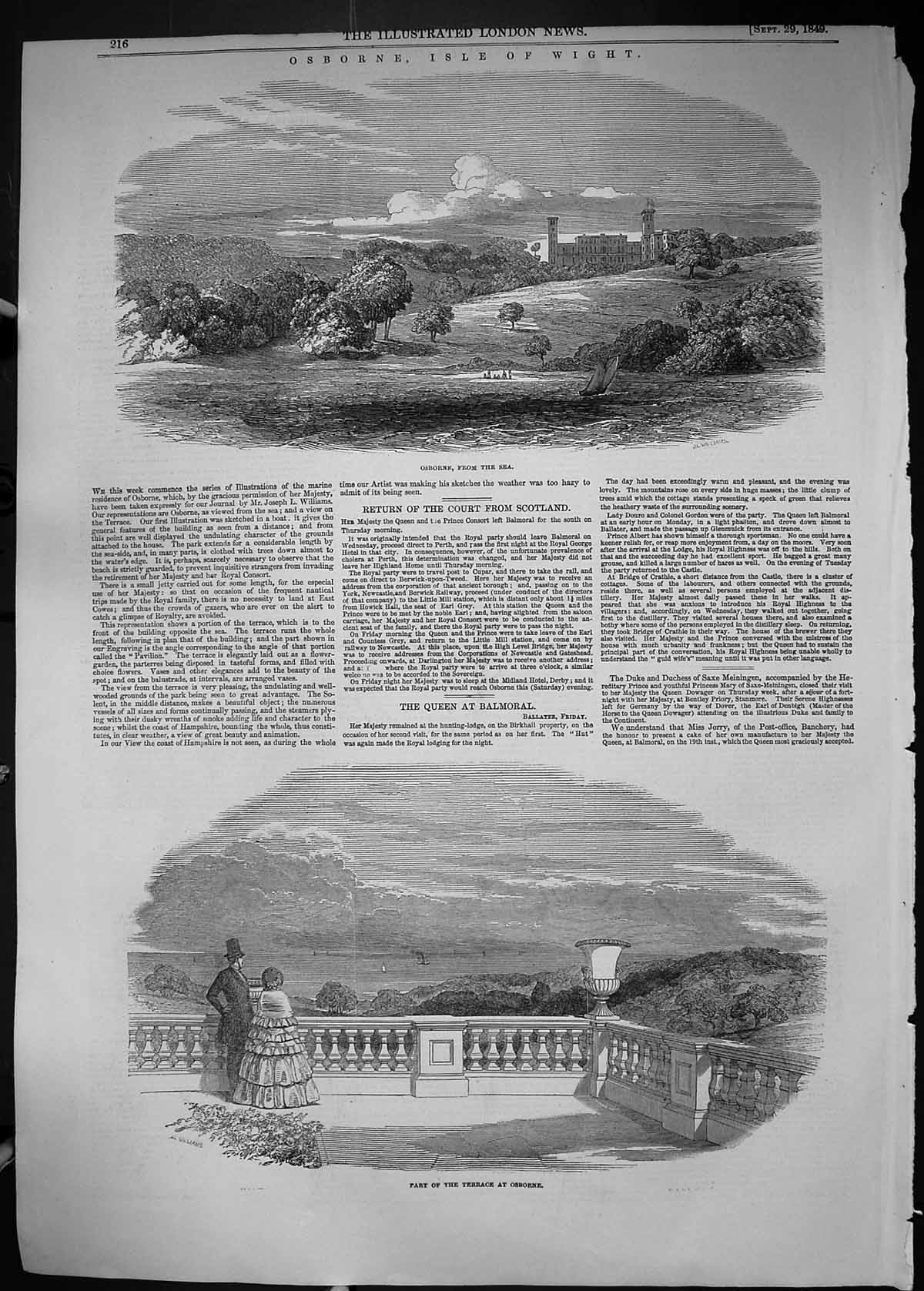 Antique Old Print 1849 Osborne Isle Wight Royal Family Terrace Architecture