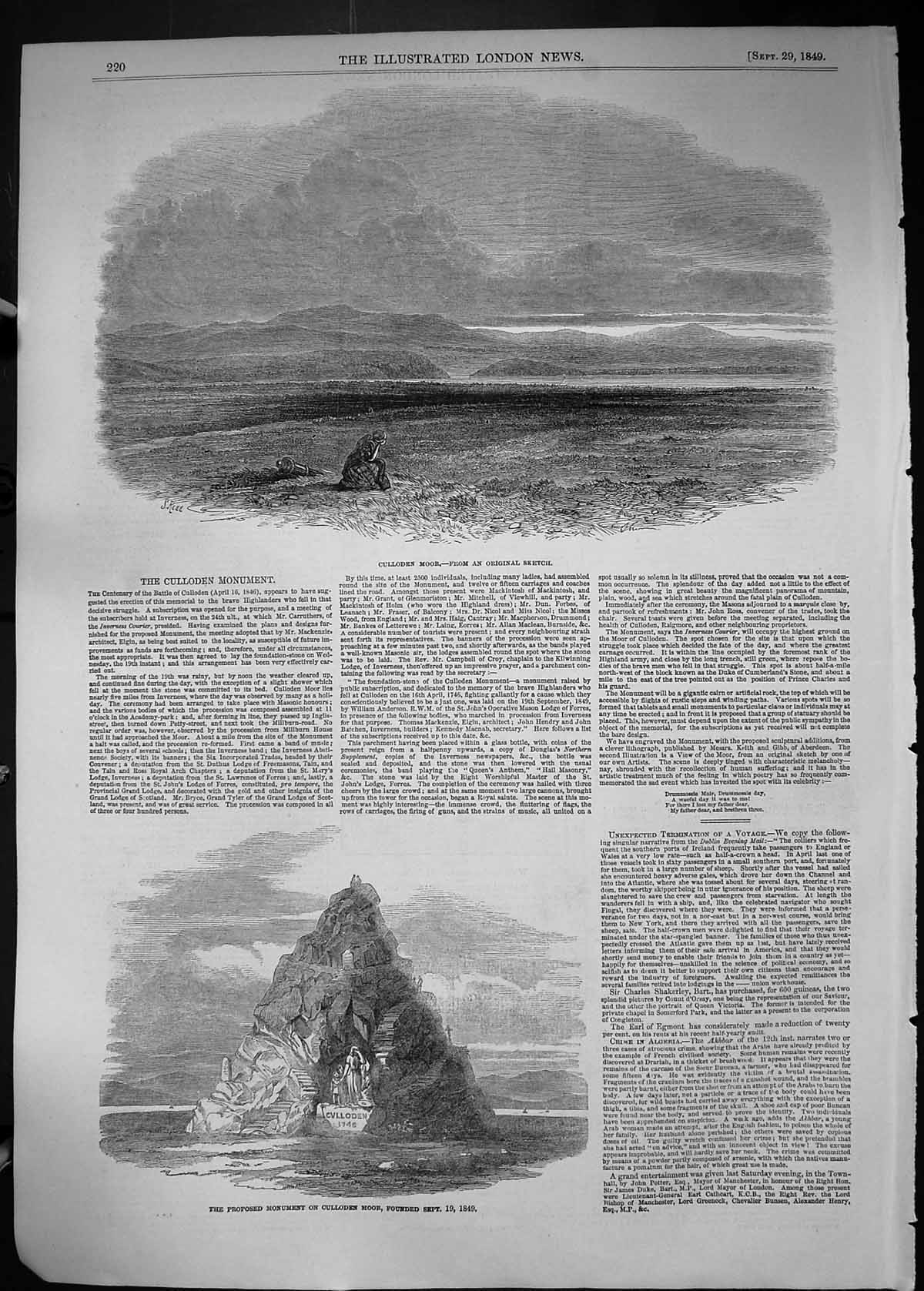 Original Old Antique Print 1849 Culloden Moor Monument Inverness Scotland Car