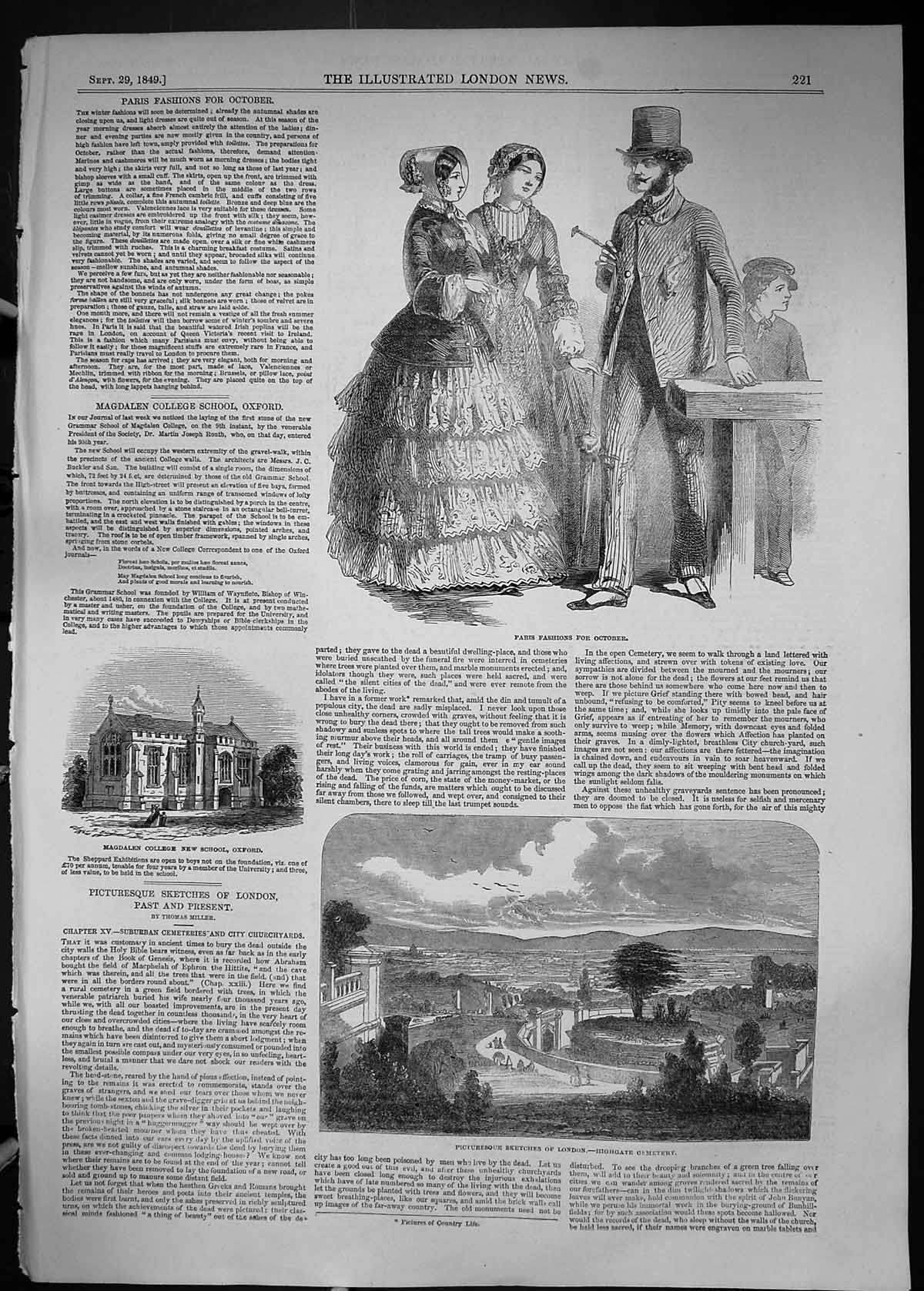 Old 1849 Paris Fashion Highgate Cemetery London Magdalen College Scho Victorian