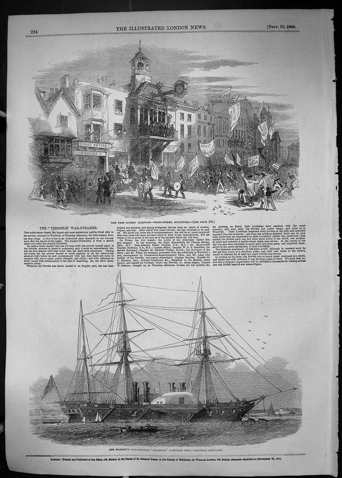 Old 1849 Surrey Election Guildford Majesty War Steamer Ship Terrible Victorian