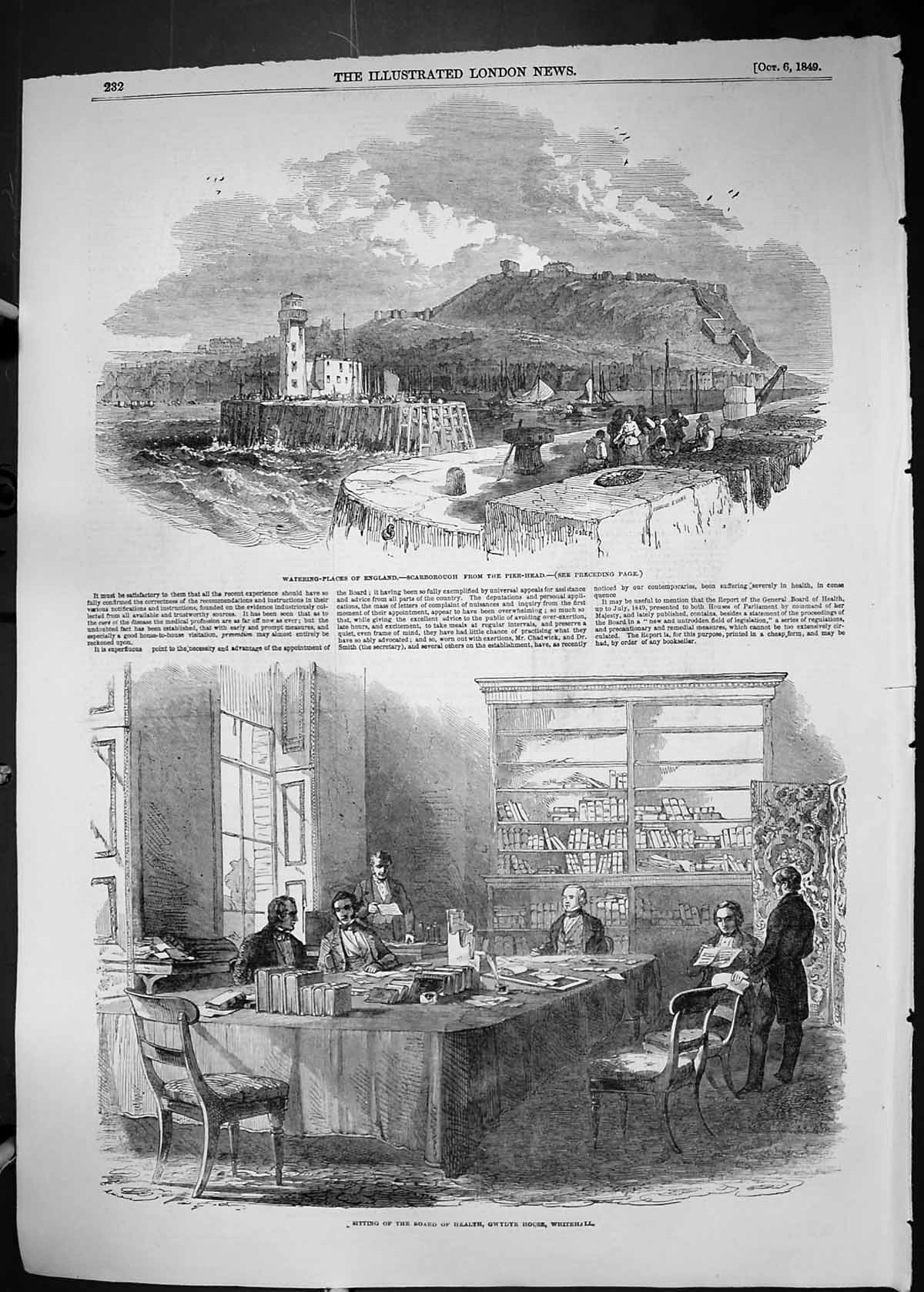 Old 1849 View Scarborough Pier Scene Men Sitting Board Health Gwydyr Victorian