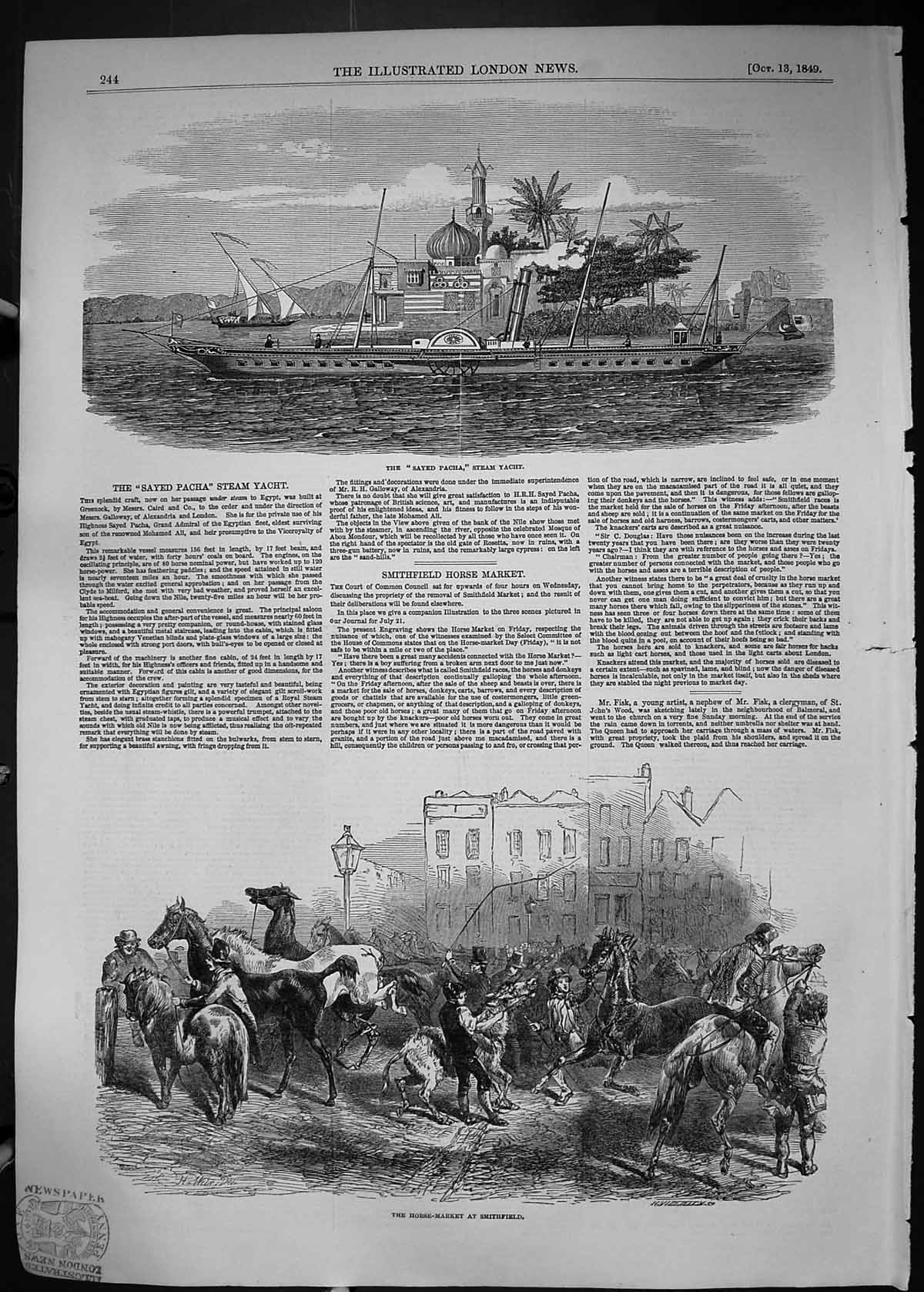 Old 1849 Sayed Pacha Steam Yacht Ship Horse Market Smithfield Sale An Victorian