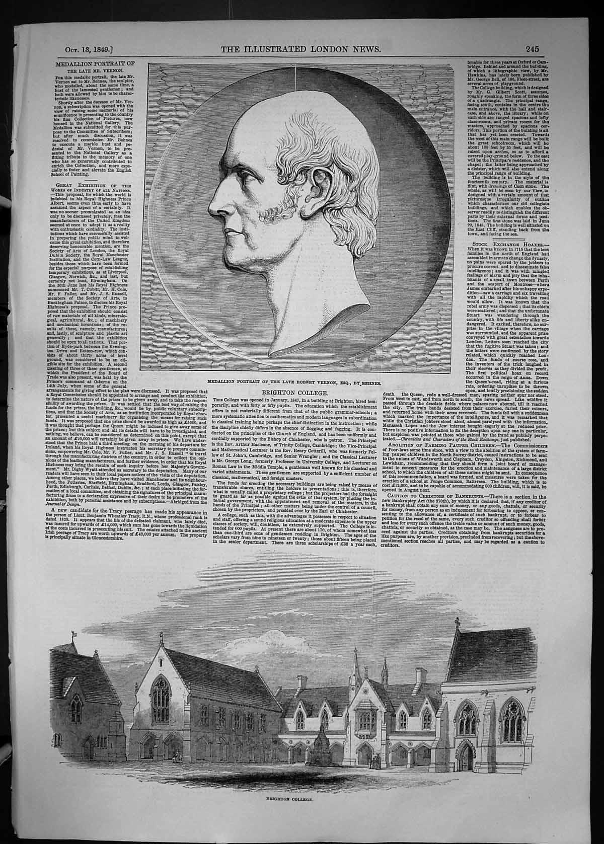 Antique Print 1849 Medallion Portrait Robert Vernon Behnes Brighton College