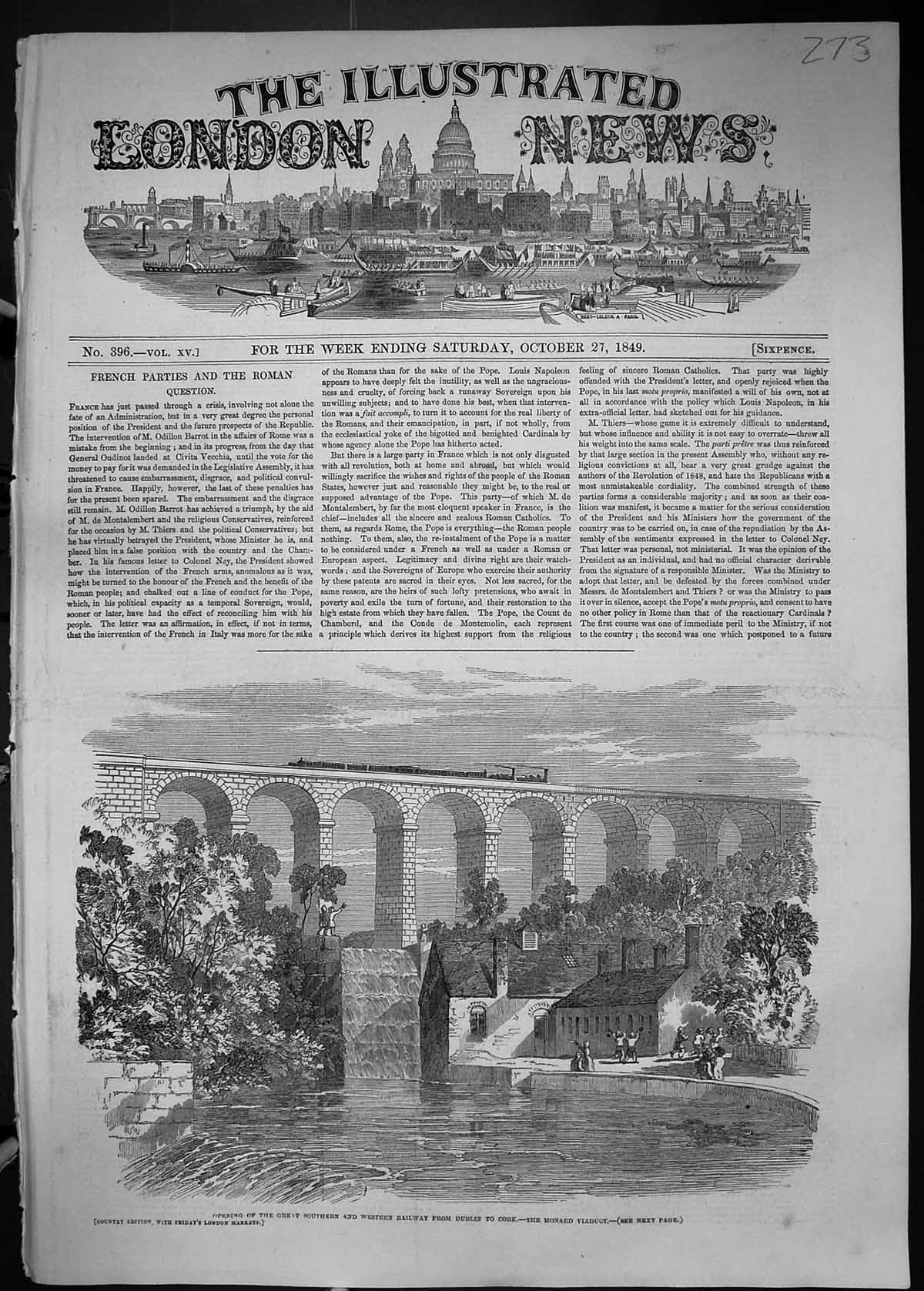 Antique Print 1849 Train Railway Dublin Cork Ireland Monard Viaduct River Tr