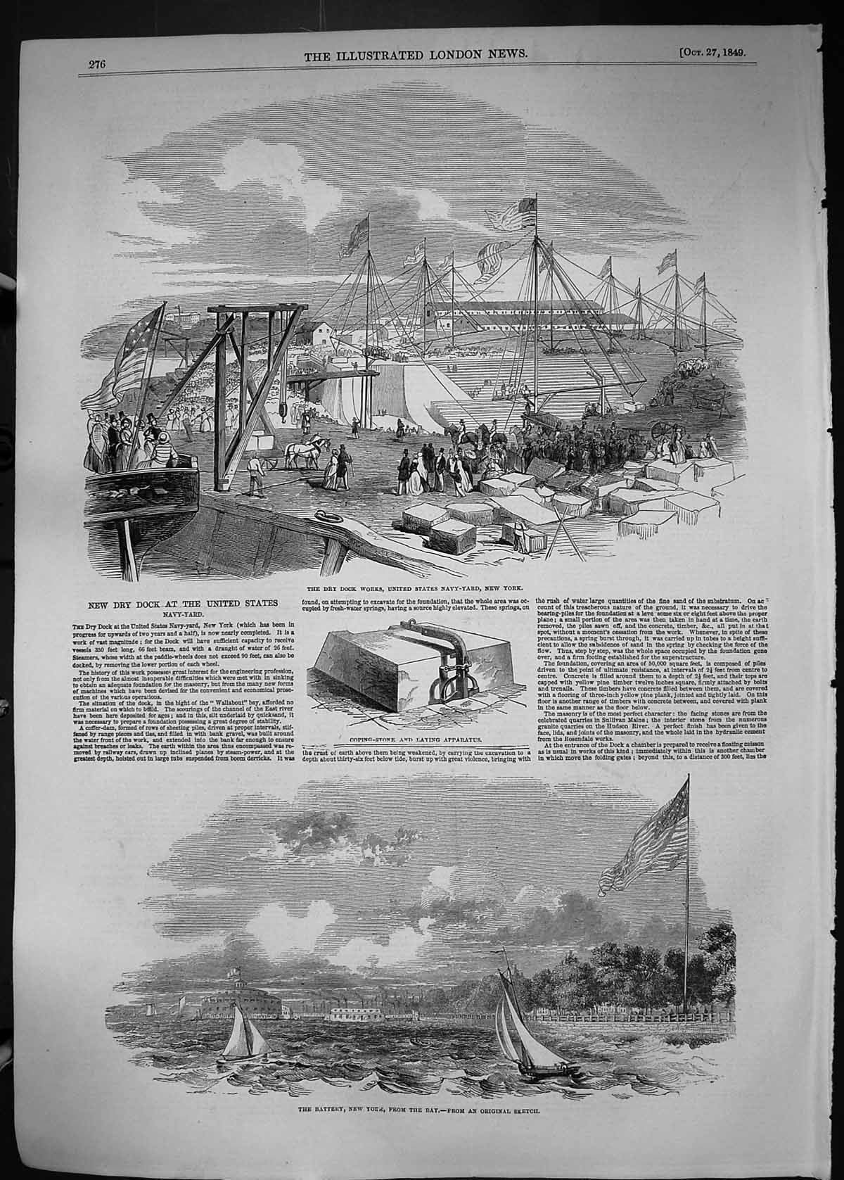 Old 1849 Dry Dock Works America Navy Yard New York Ships Coping Stone Victorian